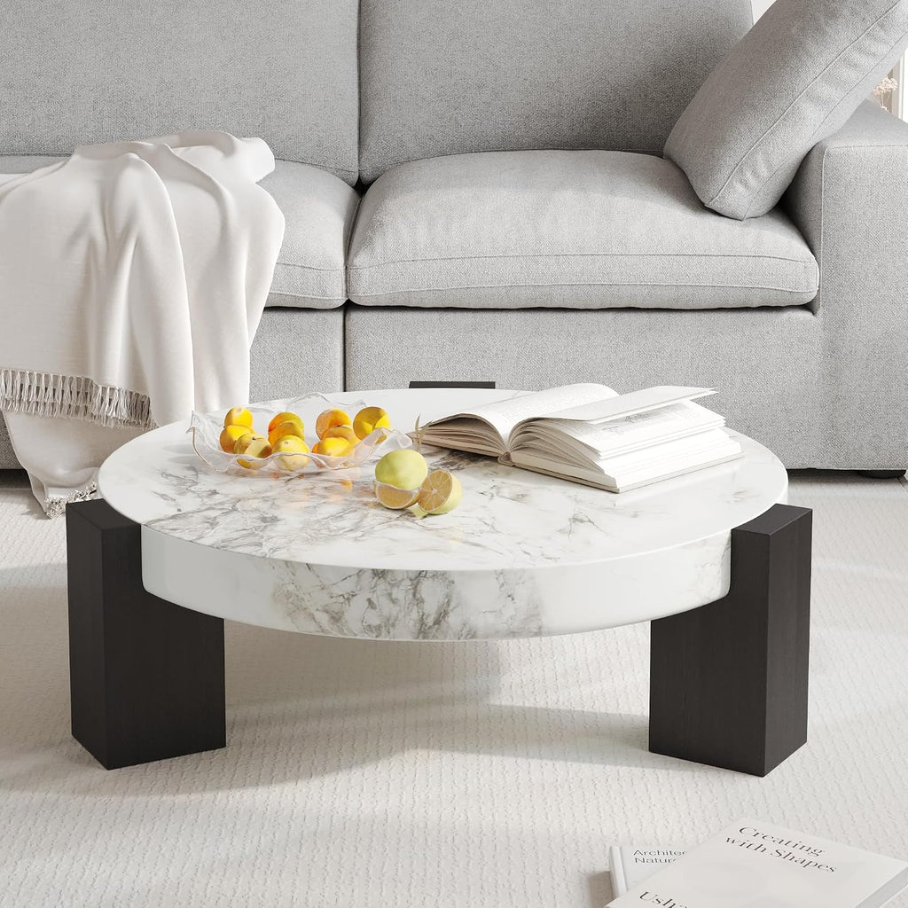 35.43' Modern Round Coffee Table,White Center Coffee Table with Faux Marble Texture Surface& Strong Wood Legs,Round Center Coffee Table for Living Room/Apartment/Farmhouse/Office(Only Table)