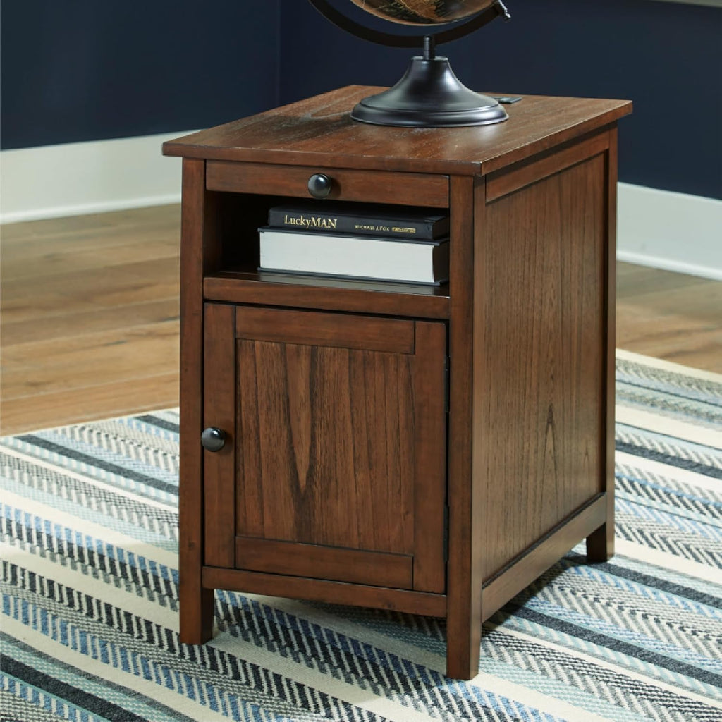 Signature Design by Ashley Treytown Casual Compact Chairside End Table with a Storage Cabinet, Open Cubby Shelf, Pull-Out Tray & USB Charging Ports, Brown