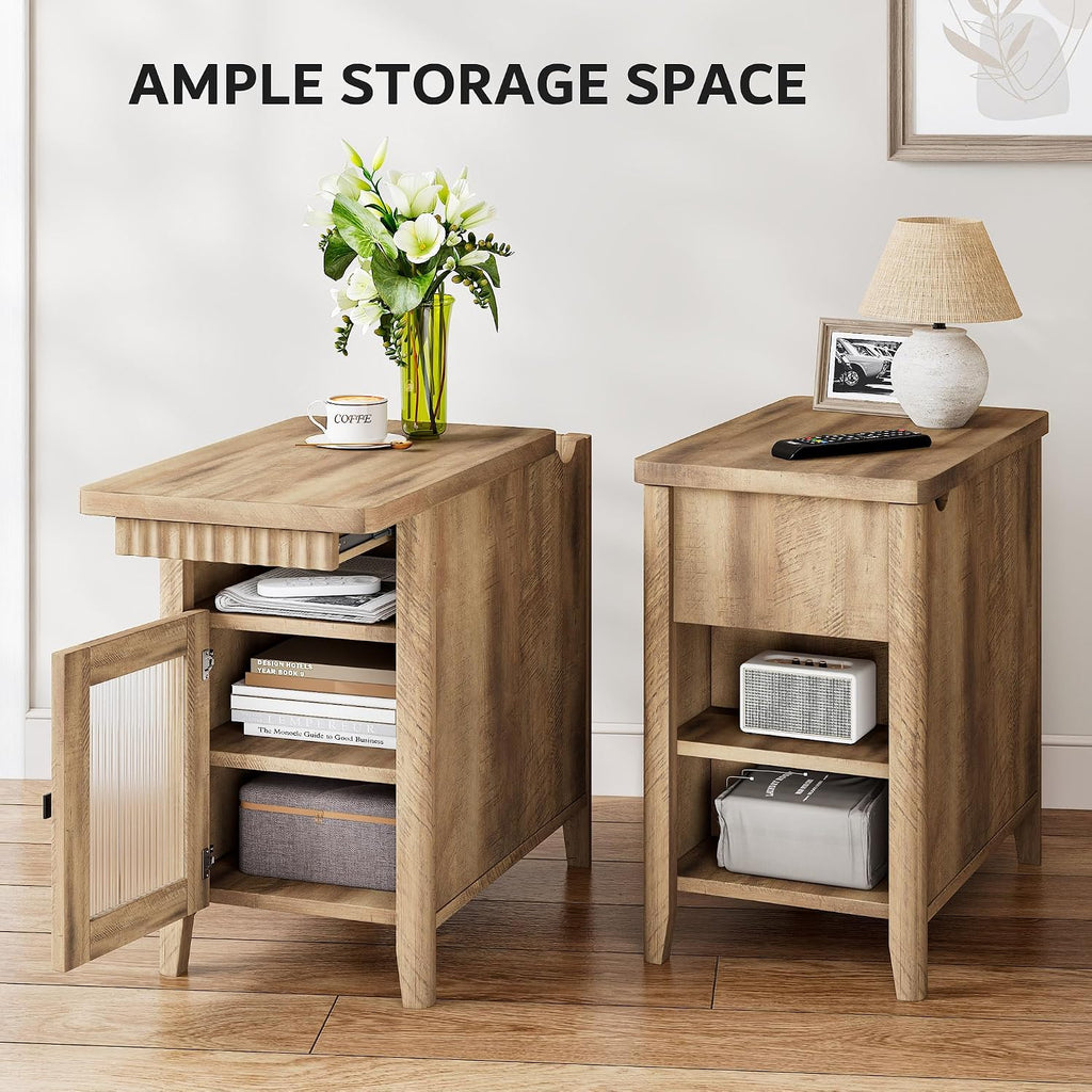 iPormis End Table Set of 2 with Charging Station, Narrow Side Table for Living Room, Farmhouse Night Stand with Storage Cabinet, Wooden Bedside Table for Bedroom Small Space, Brown
