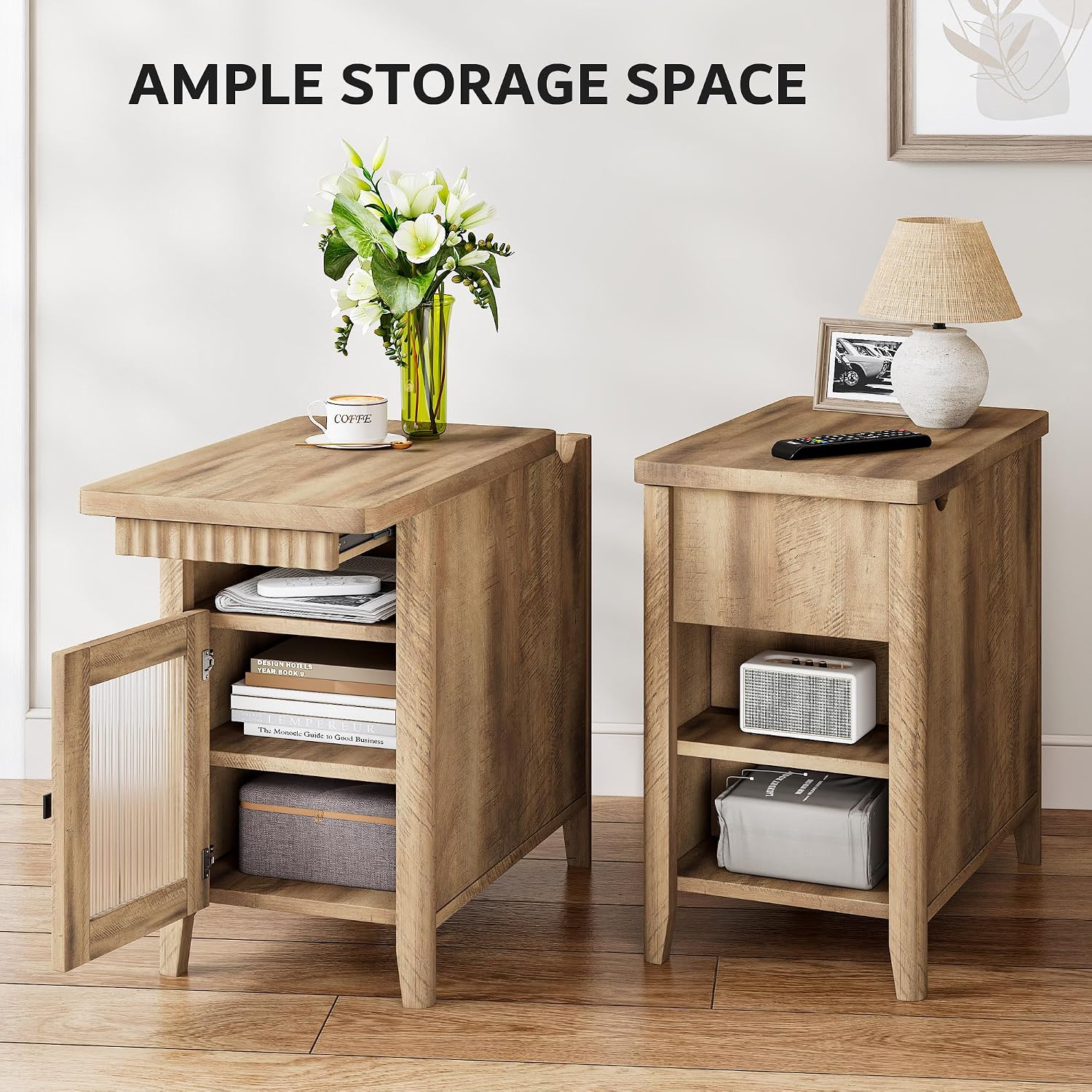 iPormis End Table Set of 2 with Charging Station, Narrow Side Table for Living Room, Farmhouse Night Stand with Storage Cabinet, Wooden Bedside Table for Bedroom Small Space, Brown
