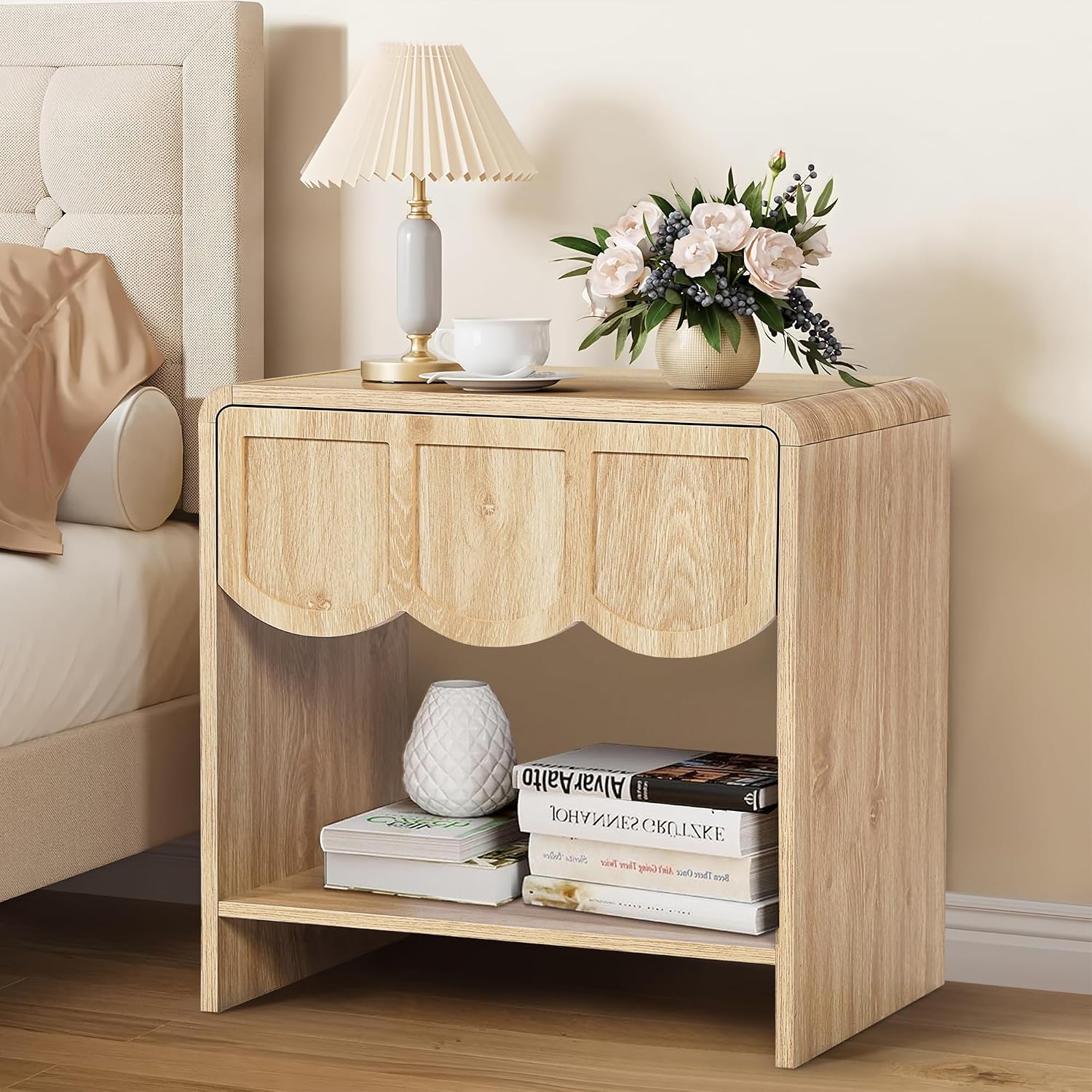 Small Night Stand Set of 2, Mid Century Modern Farmhouse Wood Nightstand with Wave Panel Drawer, Bed Side End Table for Small Space, Living Room - Natural