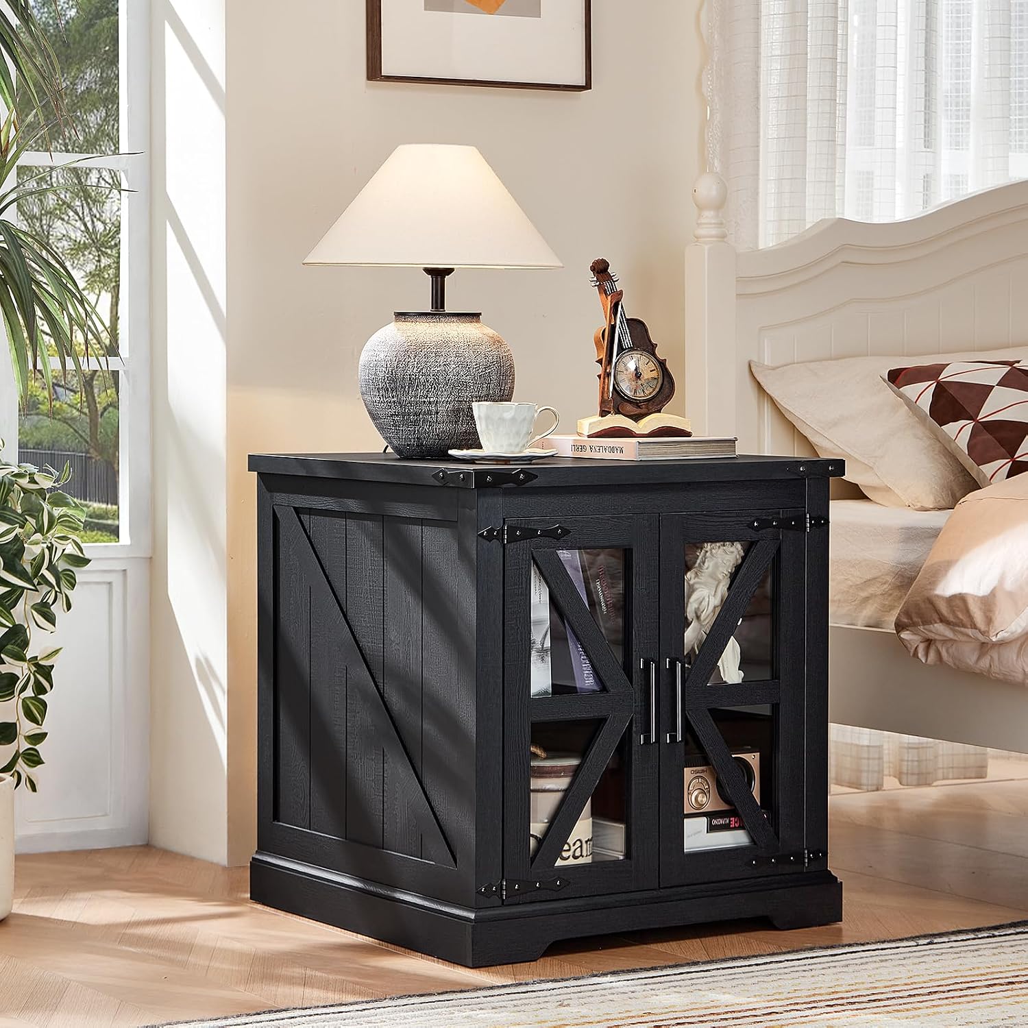 Joaxswe 24' End Table with Charging Station, Farmhouse Night Stand with Glass Barn Door, Black Nightstands with Adjustable Storage Shelf, Large Wood Square Bed Side Table for Living Room,Bedroom