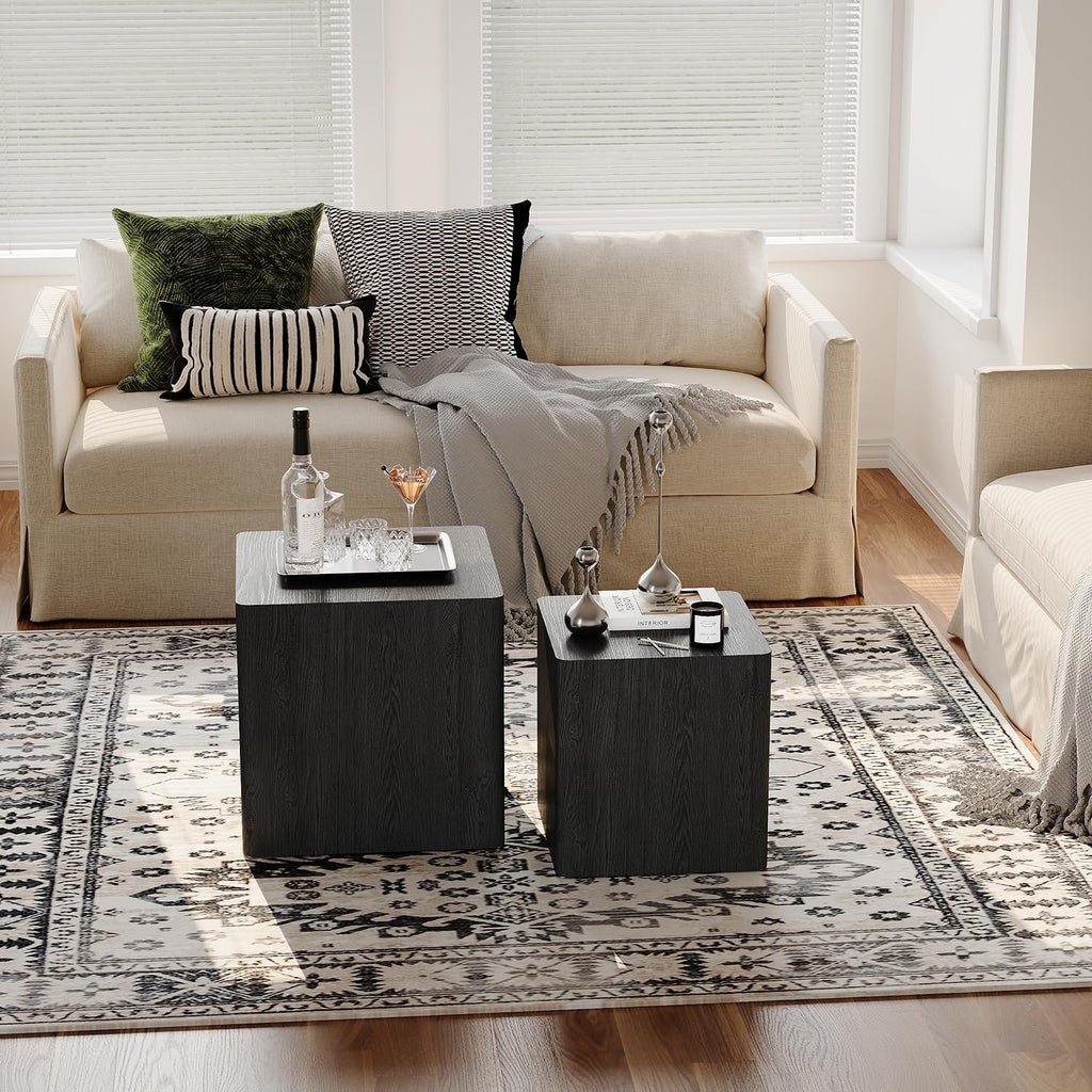 Nesting Coffee Table Set of 2, Modern Coffee Table and End Table Sets, Small Wooden Nesting Side Tables for Living Room Bedroom Apartment(Black)