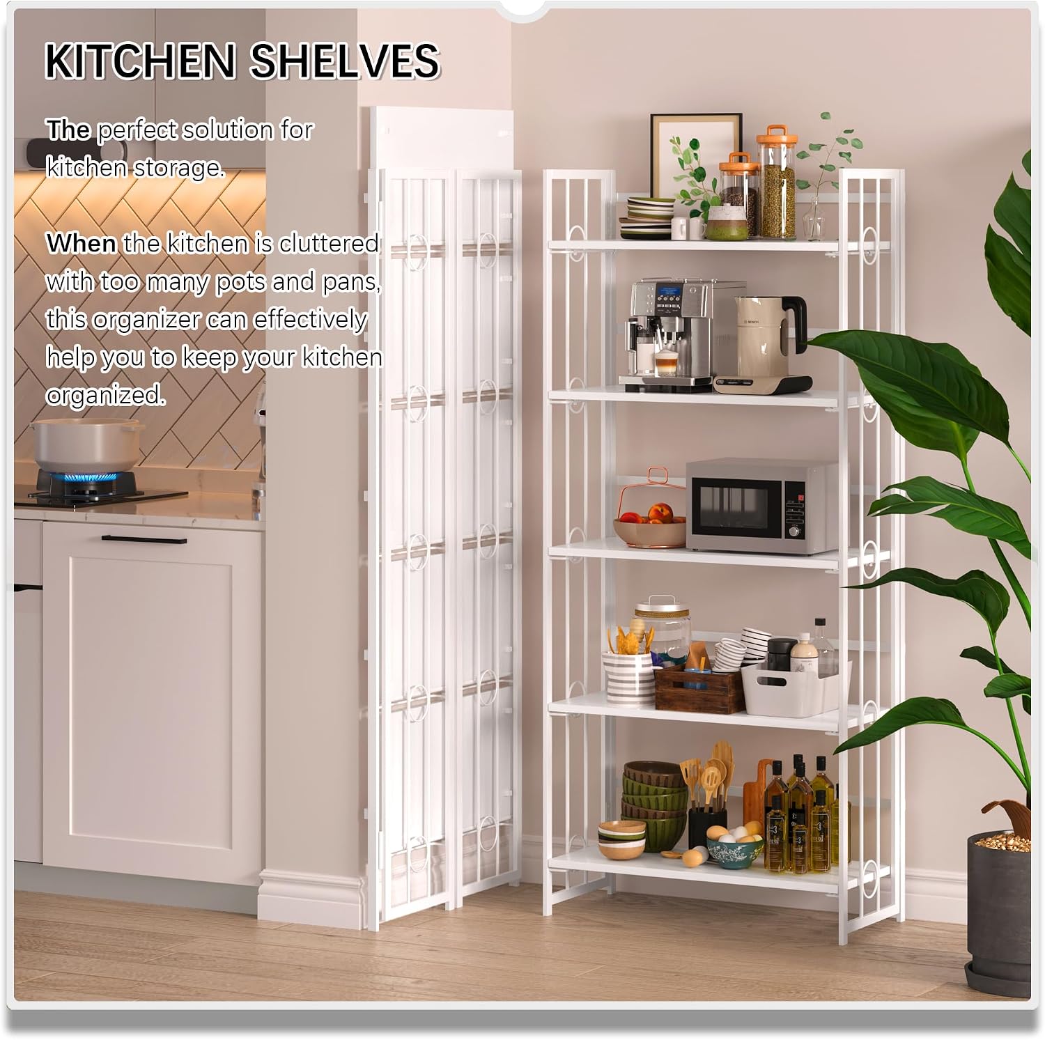 4NM No Assembly 5 Tiers Folding Bookshelf, 59.4' H Foldable Storage Shelves Vintage Bookcase Standing Racks Study Organizer Home Office - All White