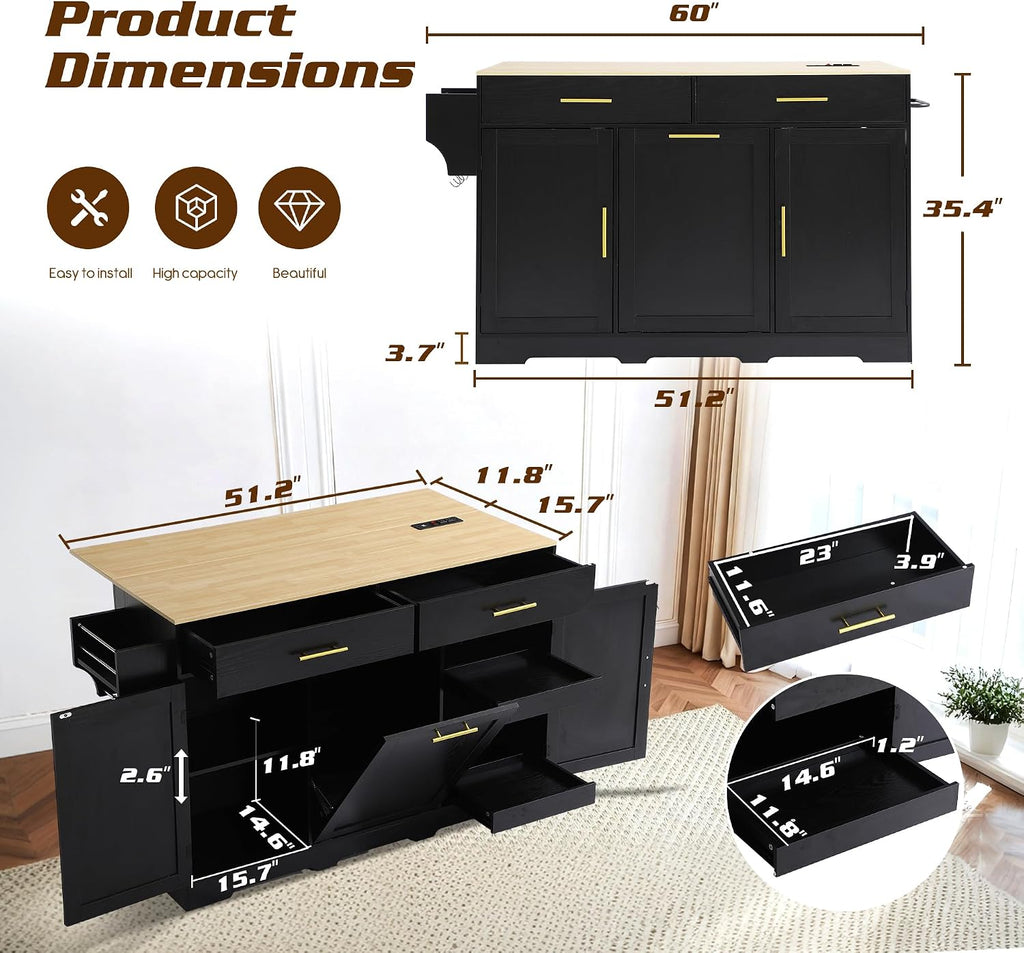 60' Kitchen Island with Power Outlet & Drop Leaf, Rolling Kitchen Island Table Cart w/Trash Can Storage Cabinet, Mobile Kitchen Cabinet on Wheels w/Drawers, Spice Rack, Towel Bar, Hooks (Black)