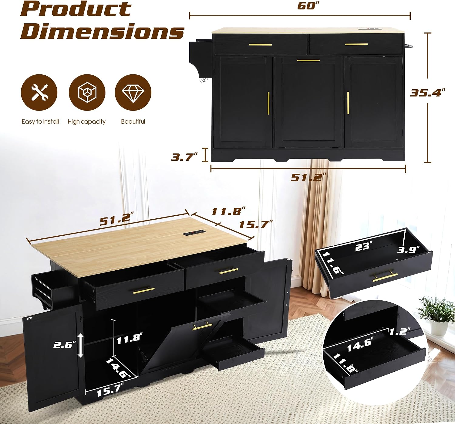 60' Kitchen Island with Power Outlet & Drop Leaf, Rolling Kitchen Island Table Cart w/Trash Can Storage Cabinet, Mobile Kitchen Cabinet on Wheels w/Drawers, Spice Rack, Towel Bar, Hooks (Black)