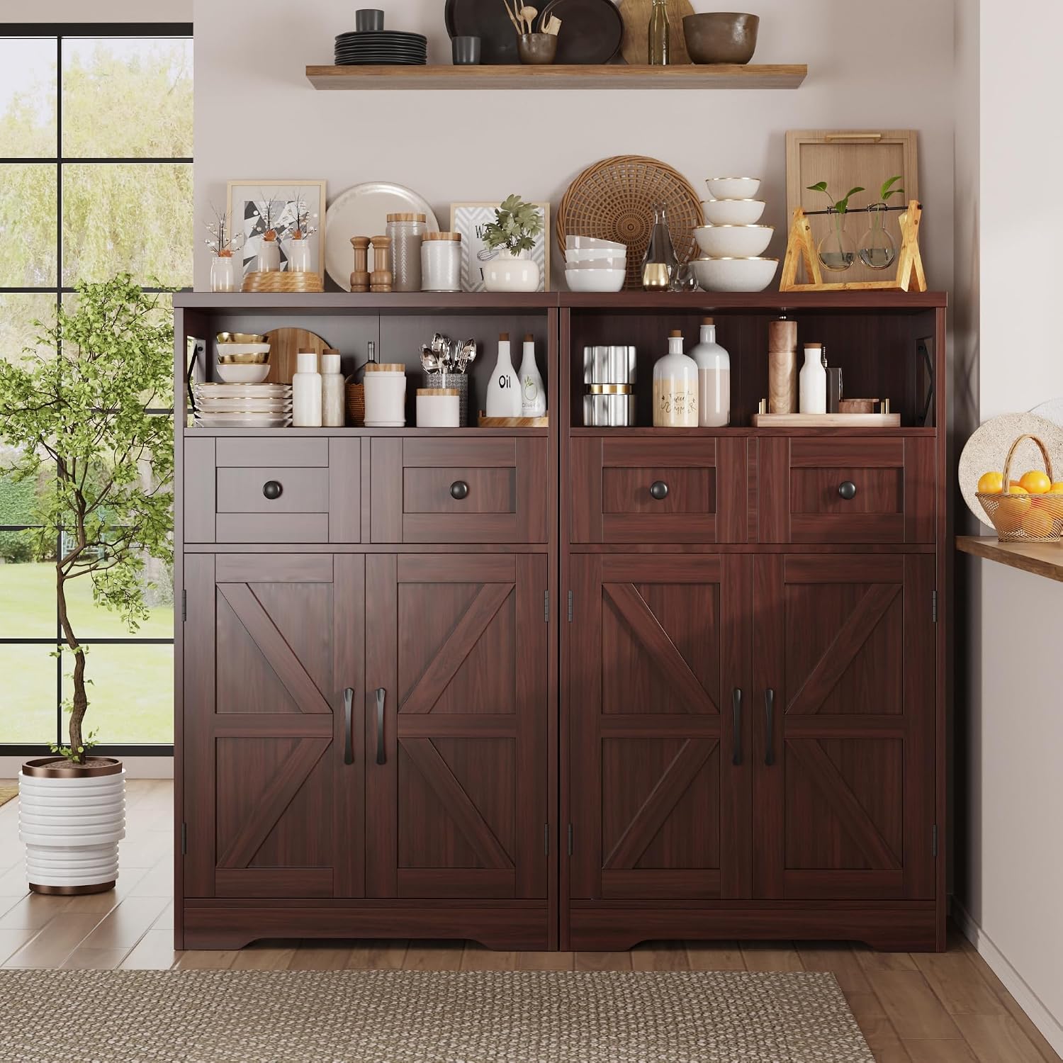 Dark Brown Storage Cabinet with Doors and Shelves - Farmhouse Kitchen Pantry Cabinet with Storage, Coffee Bar Station, Hutch Cupboard for Kitchen, Living Room, Home Office, Dining Room