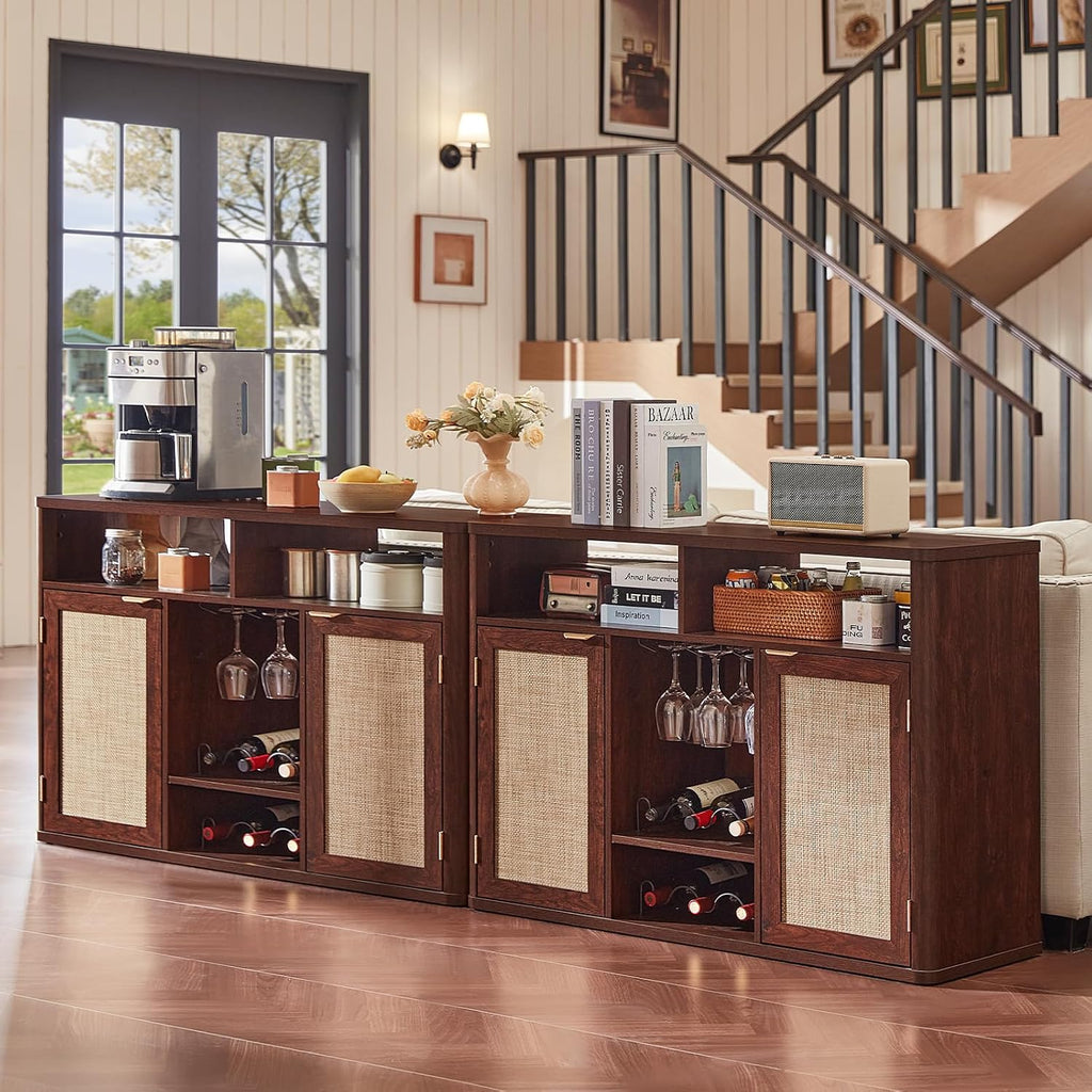 Lerliuo Rattan Wine Cabinet with 2 Doors, Boho Liquor Cabinet with Wine Racks, Farmhouse Coffee Bar Station for Living Room, Dining Room, Kitchen, Walnut