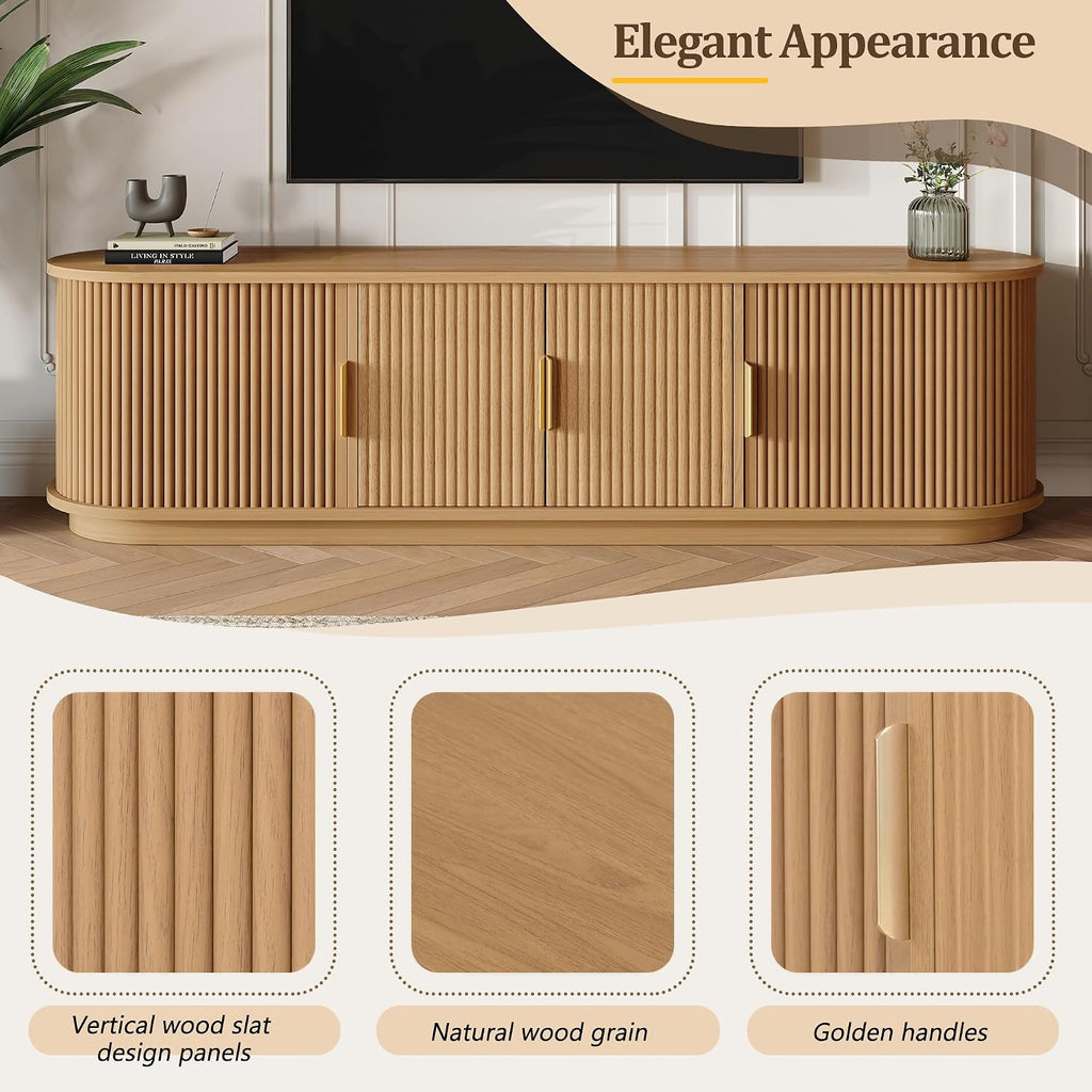 SOFTSEA 66.9' Fluted TV Stand for 75'+ TV, Farmhouse Media Console with Sliding Tambour Doors, Adjustable Shelf & Rounded Edges, Low-Profile Entertainment Center for Living Room, Natural