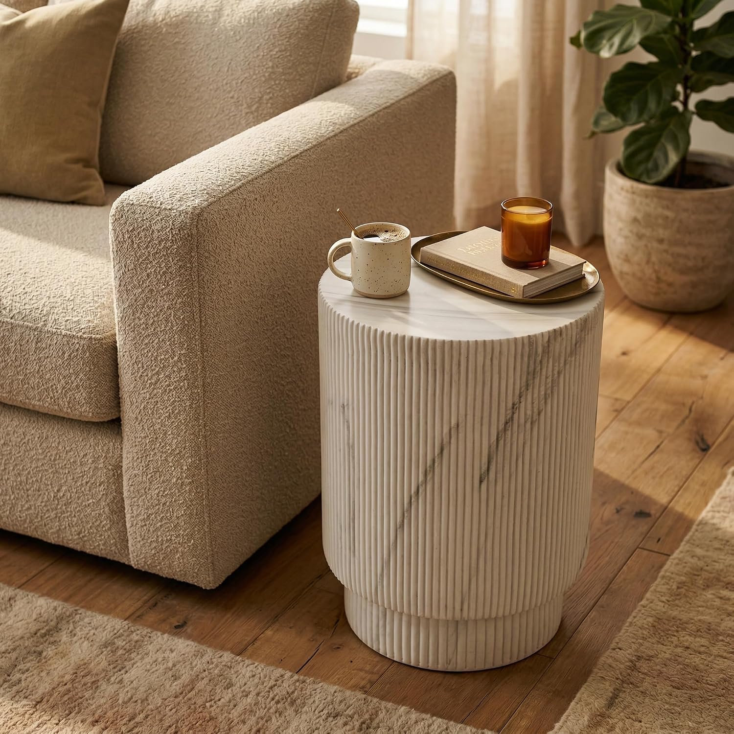 LeisureMod Eden Modern Side End Table – Indoor and Outdoor Accent Table for Living Room, Bedroom, Patio, Balcony, Porch, Garden, Small Spaces in White Marble