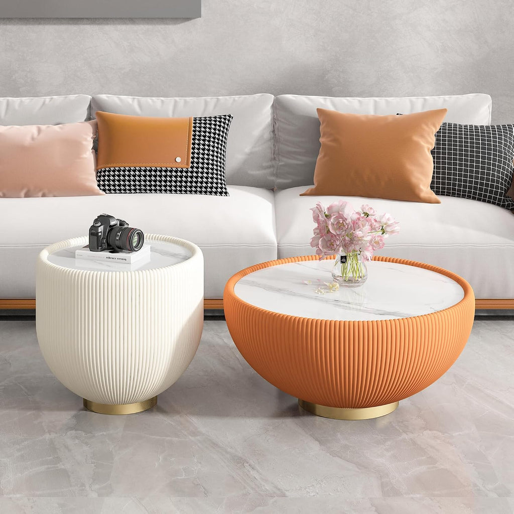 Modern Round End Table Luxury Sintered Stone Top Coffee Table in Cream White Leatherette Creative Bowl-Shape Small Coffee Side End Table for Living Room Bedroom,Fully Assembled
