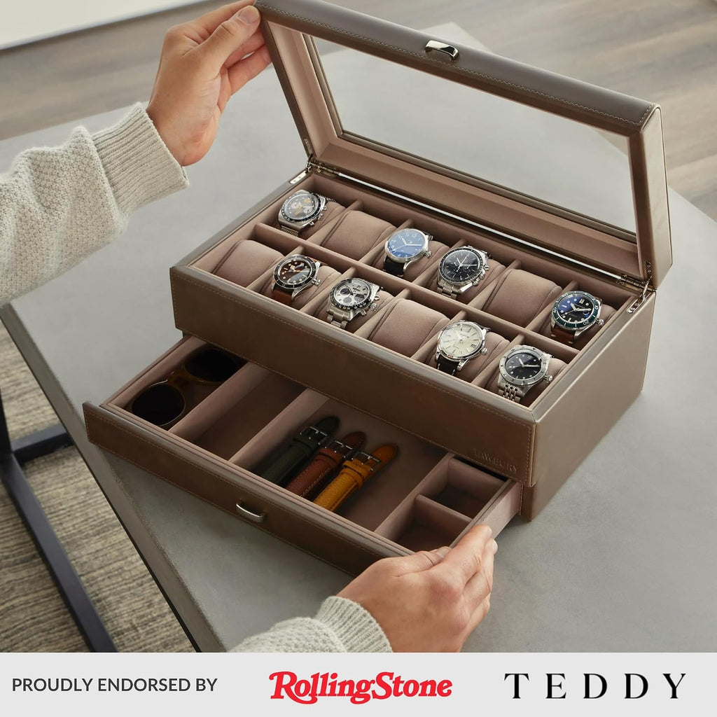 TAWBURY 12 Slot Watch Box with Storage Drawer – Premium Watch Storage Case for Men & Women | Handcrafted from PU Leather & Engineered Wood (Taupe)