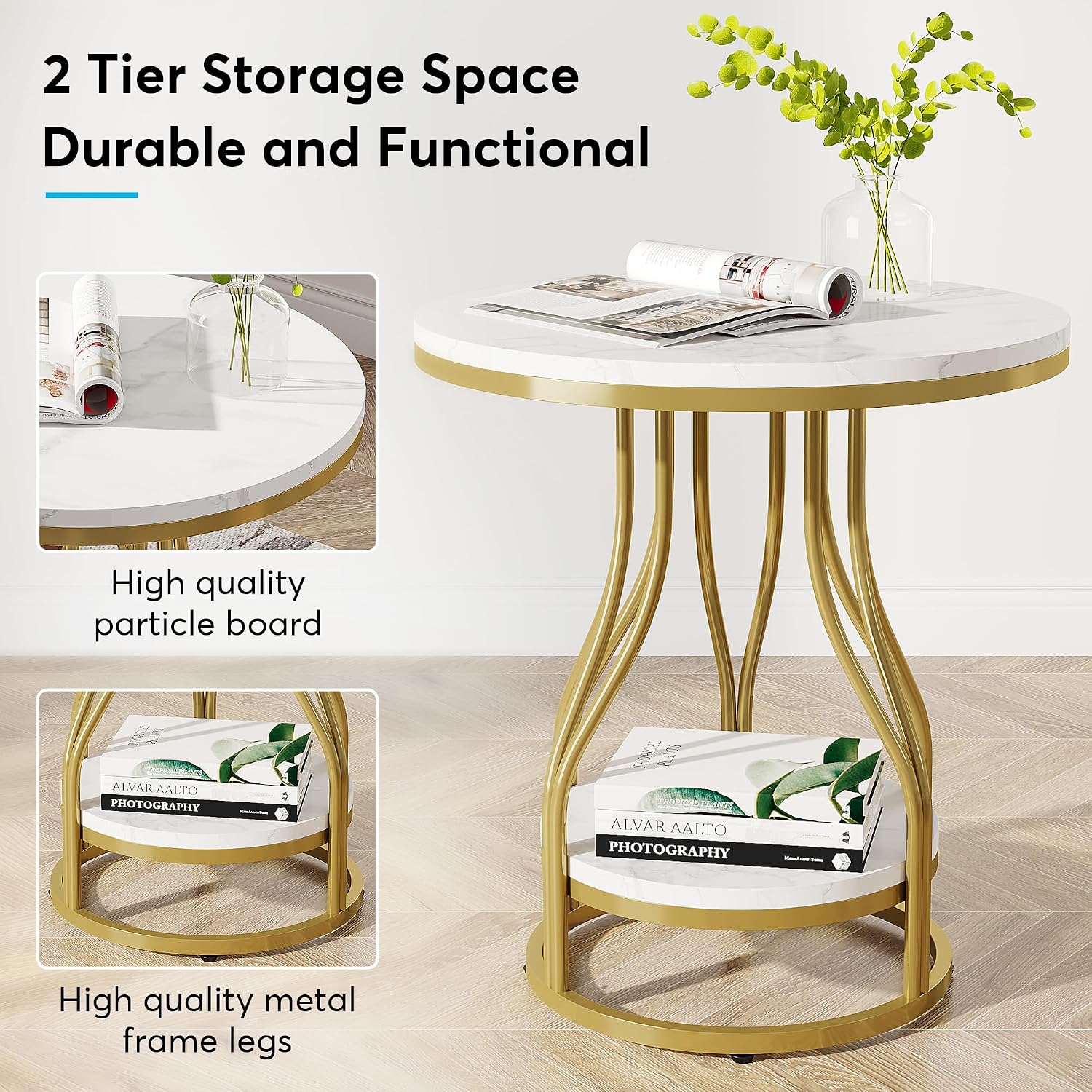 Tribesigns Round Side Table White Gold End Table Set of 2, 2-Tier End Table Modern Bedside Table Small Side Table with Storage Sofa Side Table with Metal Frame for Living Room