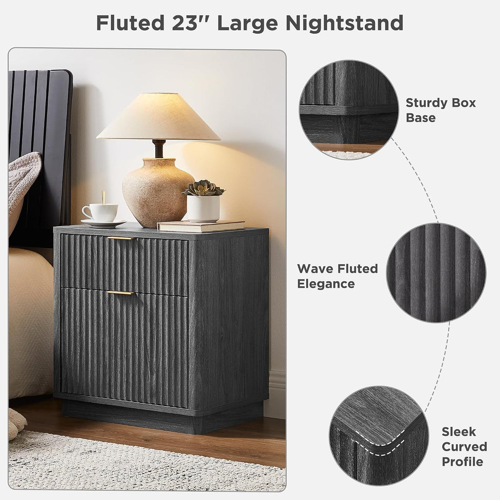 T4TREAM 23'' Fluted Nightstand Set of 2 with Charging Station, Large 2 Drawer Side Table, Modern End Table with Storage, Mid Century Bedside Table for Bedroom, Living Room, Curved Profile, Dark Alder