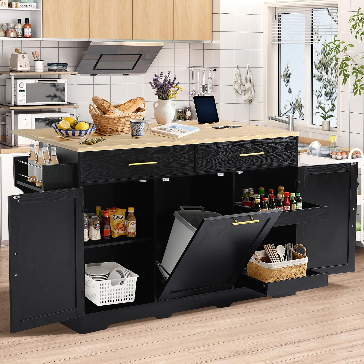 60' Kitchen Island with Power Outlet & Drop Leaf, Rolling Kitchen Island Table Cart w/Trash Can Storage Cabinet, Mobile Kitchen Cabinet on Wheels w/Drawers, Spice Rack, Towel Bar, Hooks (Black)