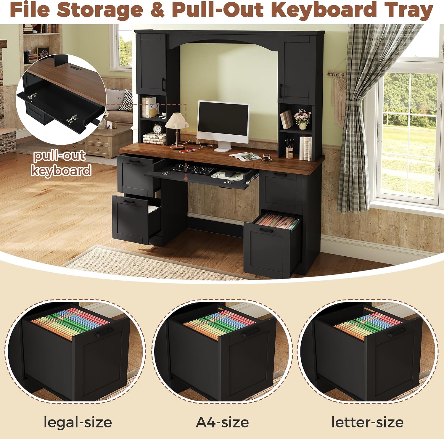 Farmhouse Arched Computer Desk with Hutch,Walnut Home Office Workstation with Charging Station & Keyboard Tray,All-in-One Writing Desk for Study, Office (Black-FA)