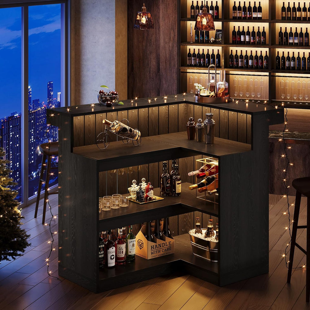 Tribesigns L-Shaped Home Bar Unit, 4-Tier Corner Liquor Bar Table with Storage Shelves and Wine Glasses Holder, Industrial Wine Cabinet Reception Desk for Home Pub (1, Black)