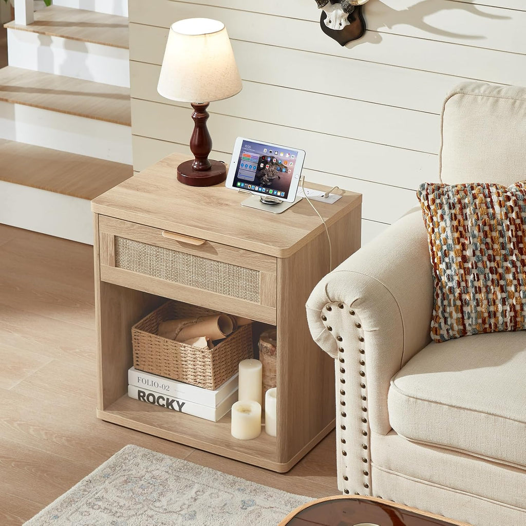 LEYAOYAO Rattan Nightstands Set of 2 with Charging Station, Natural Wood Night Stand with Drawer, 23' Wide Boho Bedside Table with Storage Shelf, Bed Side End Tables for Bedroom, Living Room, Hallway