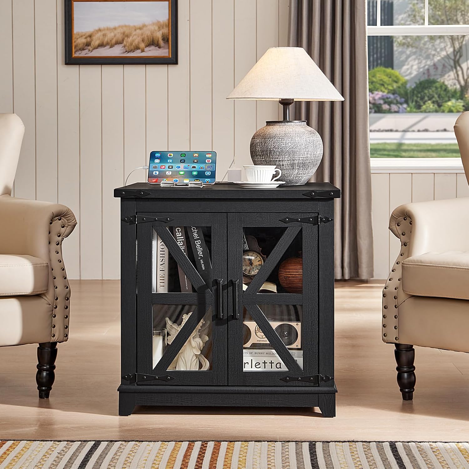 Joaxswe Farmhouse End Table Set 2, Narrow 18'' Night Stand with Glass Barn Door, 24' Square Side Table with Charger Station, Living Room Furniture Sets, Wood Nightstand Bedside Tables for Bedroom