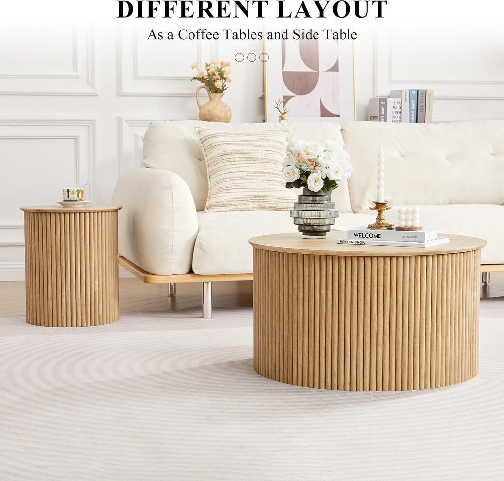 Fluted Round Nesting Coffee Table Set of 2, Mid Century Modern Wood Coffee Tables and End Table Set, Circle Side Table Minimalist Center Tables for Living Room, Office(Natural)