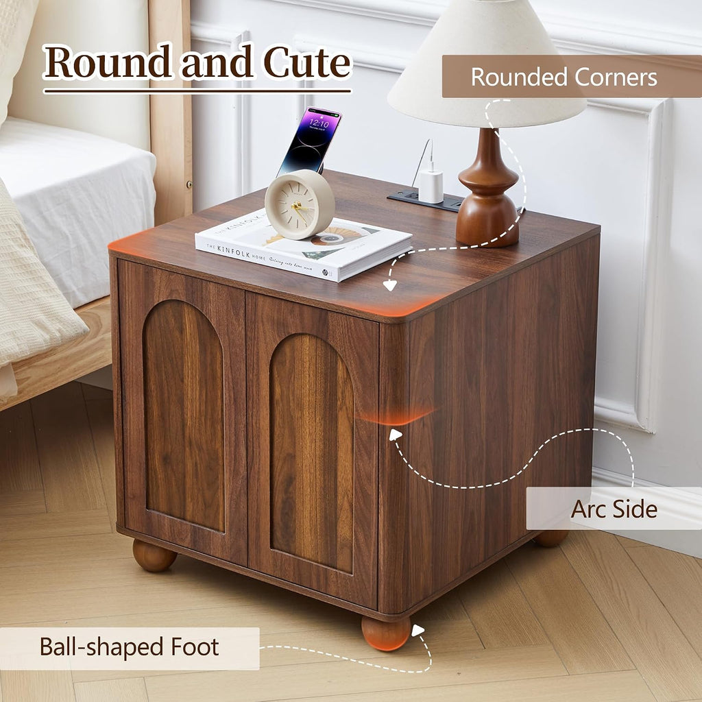 Bed Side Table Set of 2 with Charging Station, Mid Century Modern Nightstand with 2 Doors, Square End Table with Storage for Couch, Living Room, Sofa Side Table for Office, Dorm - Walnut