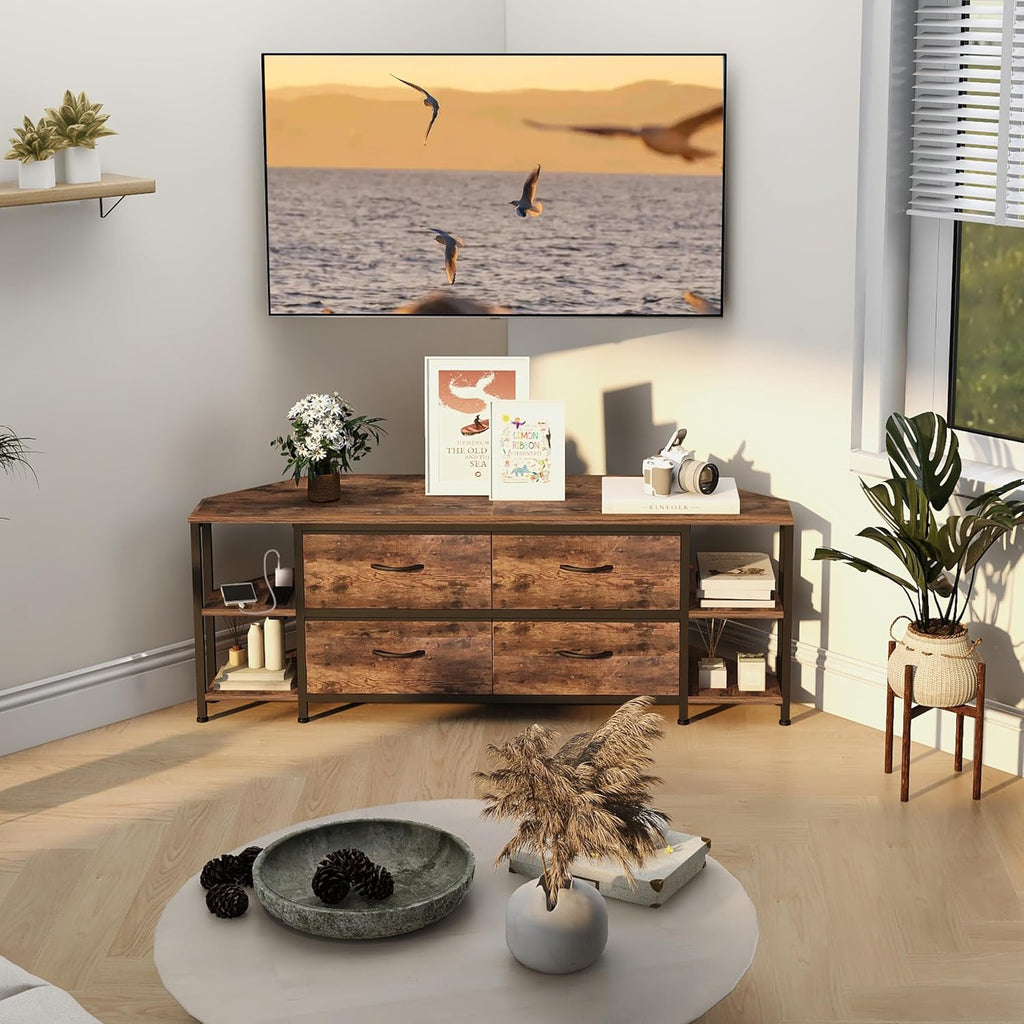 EXOTICA Corner TV Stands for Living Room with 4 Drawers and Power Outlet Industrial Corner Entertainment Centers for TVs up to 55 Inches Farmhouse Corner Console Table with 4 Open Storage for Bedroom