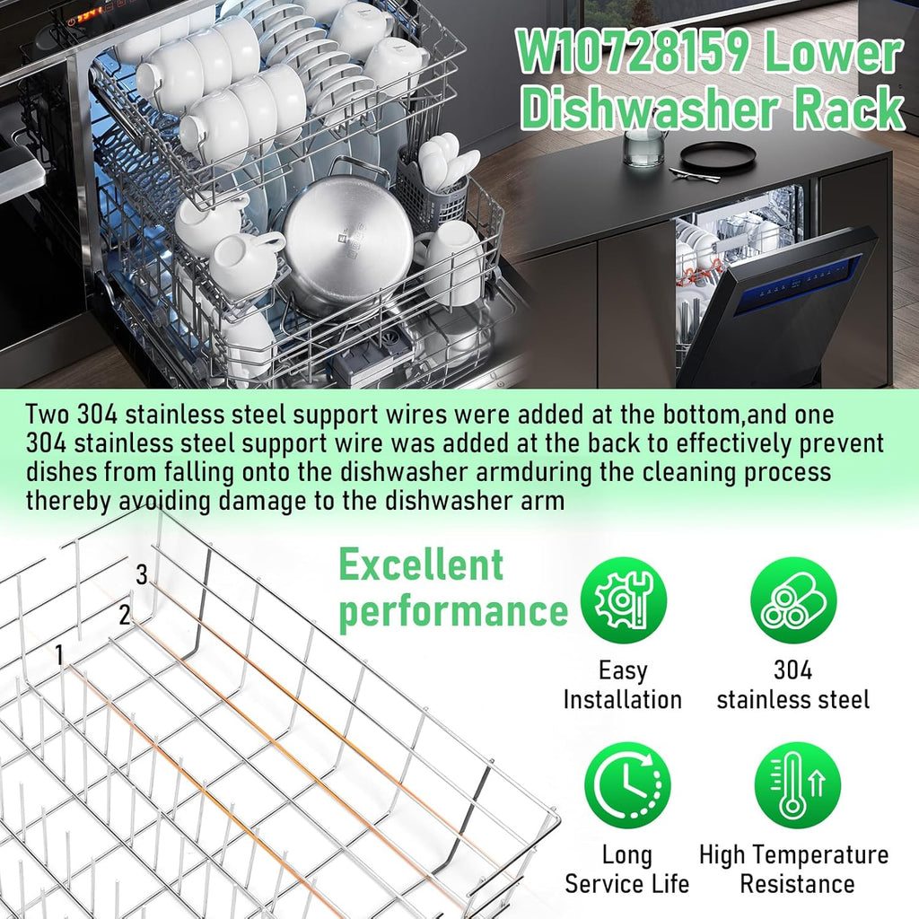 Upgraded 304 Stainless Steel Dishwasher Lower Rack for Maytag, KitchenAid, Whirlpool - 22'D x 20.5'W - OEM Replacement Parts W10728159, W10525646, W10082825, W10780925