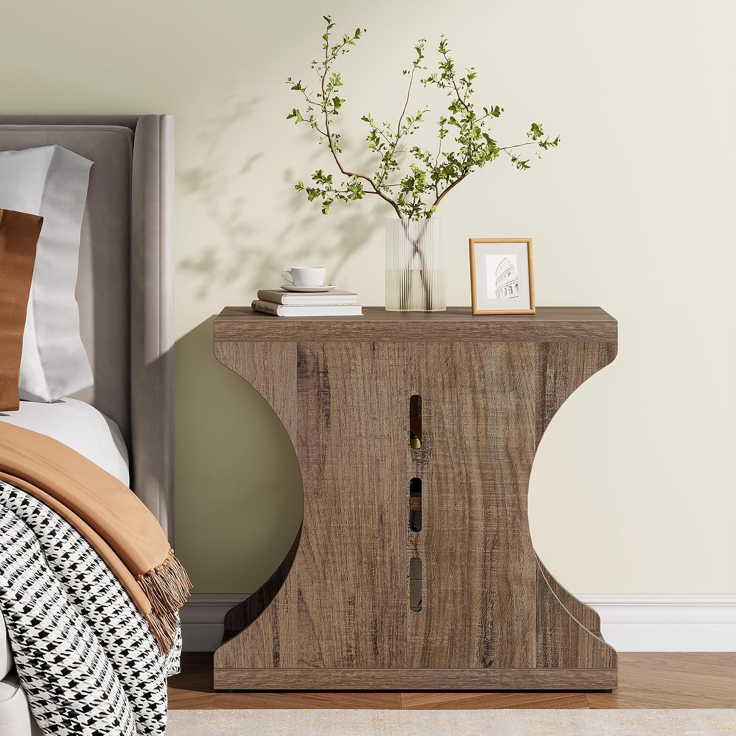 Modern Farmhouse End Table Set of 2, Wood Side Tables with Storage, 3-Tier Narrow Country Nightstand for Living Room, Bedroom, Small Spaces, Light Brown