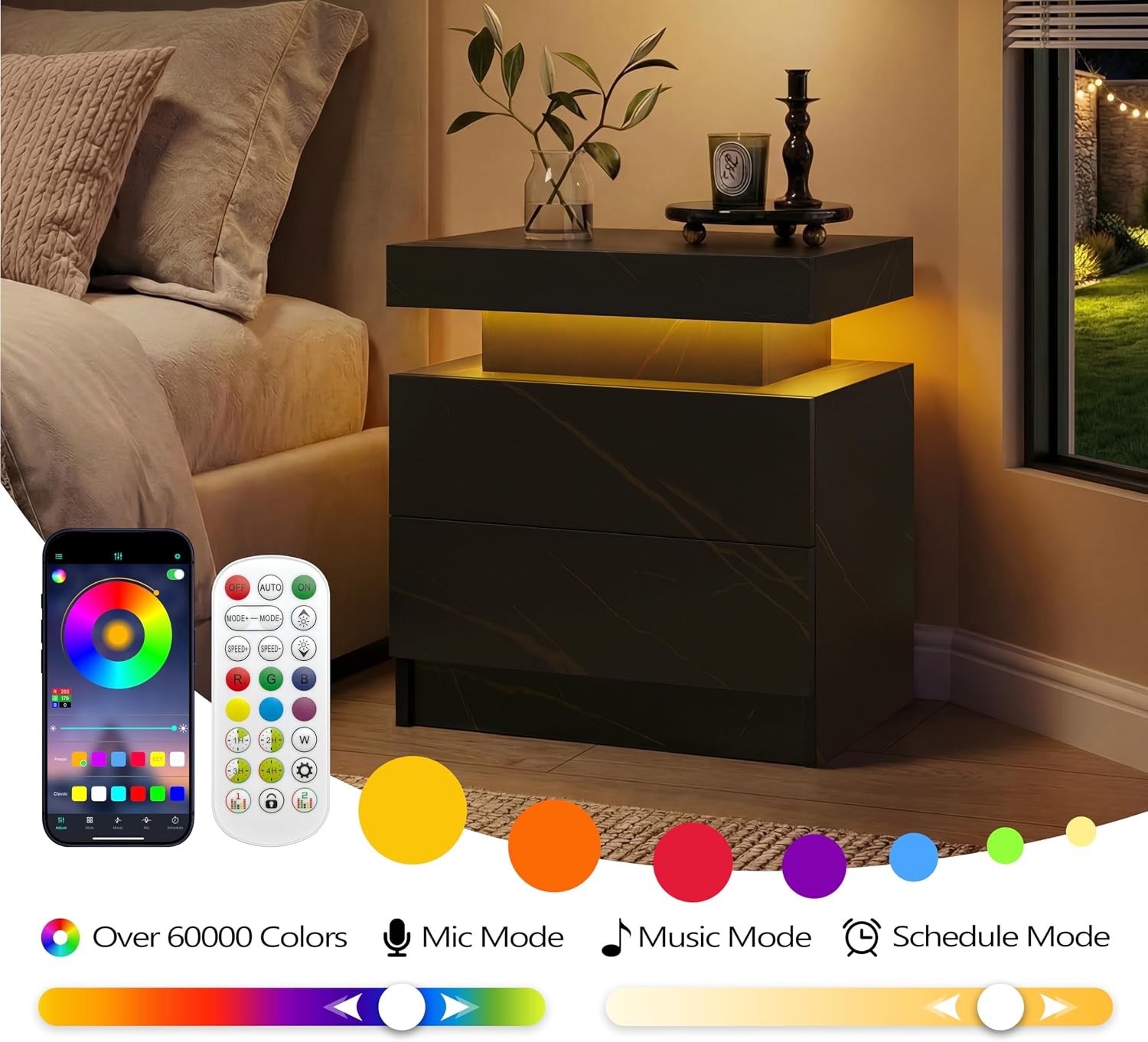 i-aplus LED Nightstand LED Bedside Table with 2 Drawers, Wooden Cabinet Unit with LED Lights for Bedroom, End Table Side Table for Bedroom Living Room…