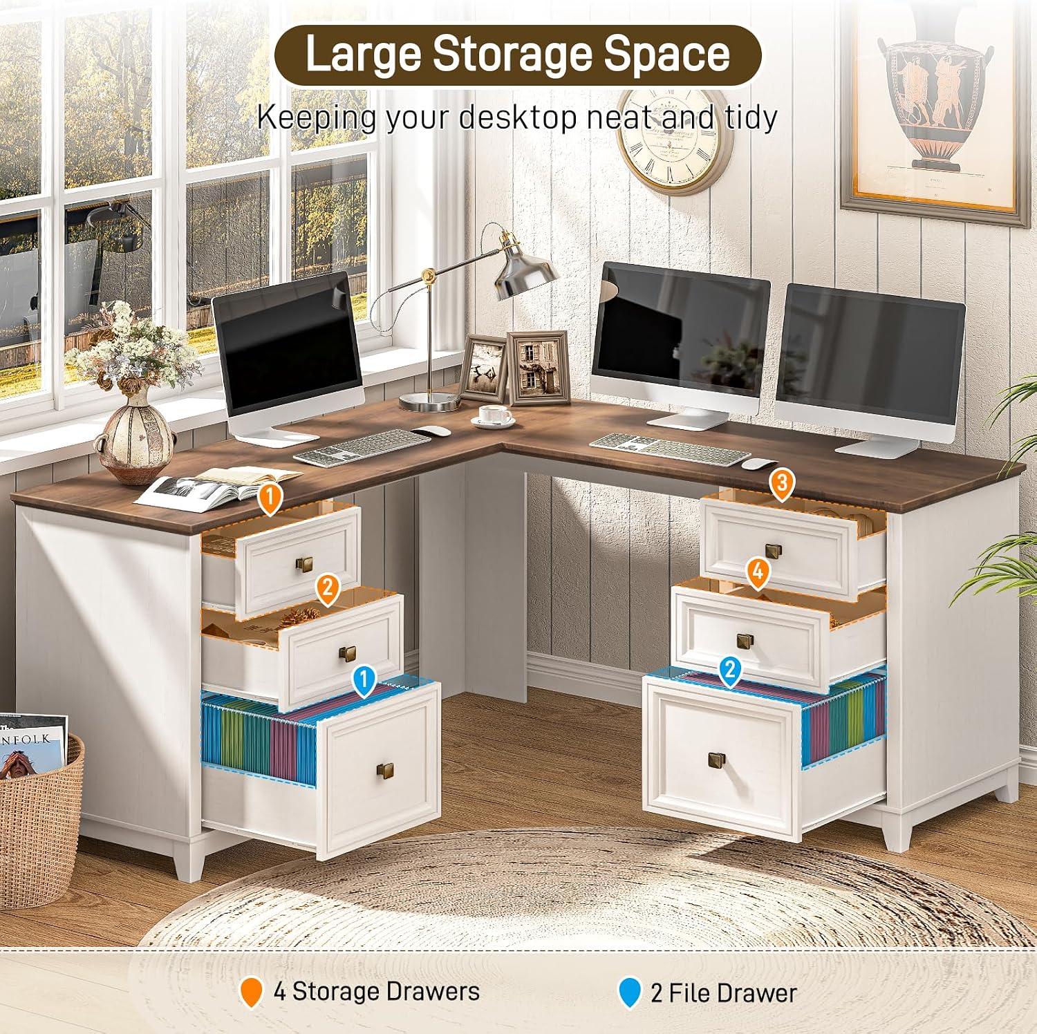 Vabches Farmhouse L Shaped Executive Desk with 6 Drawers, 59'' Wood Home Office Desk with File Cabinet, Writing Corner Computer Desk for Home Office, Work, Study, White and Brown