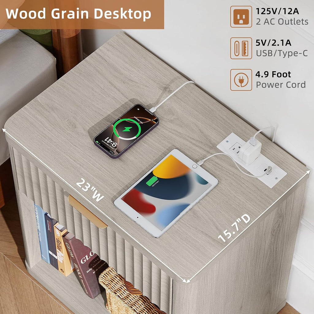 LEYAOYAO Fluted Farmhouse Nightstand Set of 2 with Charging Station, 23' Wide 1 Drawers Night Stand,LightGrey Dresser for Bedroom,Bed Side Table Chest of Drawers,Wood End Table for Living Room