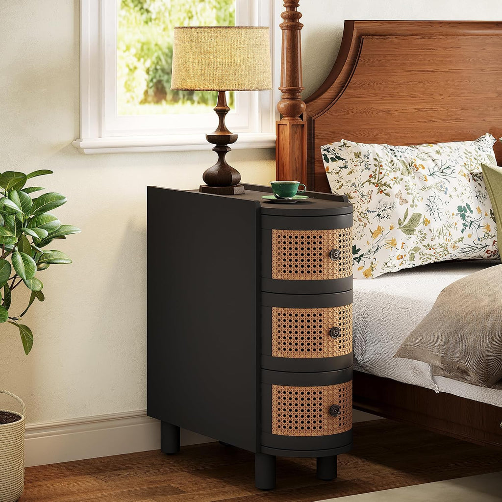 Tribesigns 3-Drawer Rattan End Table, Sofa Side Table with Vintage Embossed Handles, Slim Nightstand for Living Room, Bedroom, Finished Back, No Assembly (Black & Oak, 1 PC)