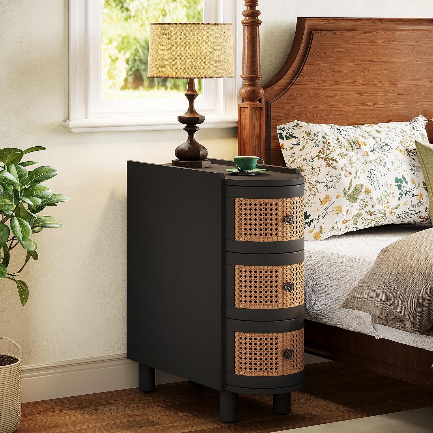 Tribesigns 3-Drawer Rattan End Table, Sofa Side Table with Vintage Embossed Handles, Slim Nightstand for Living Room, Bedroom, Finished Back, No Assembly (Black & Oak, 1 PC)