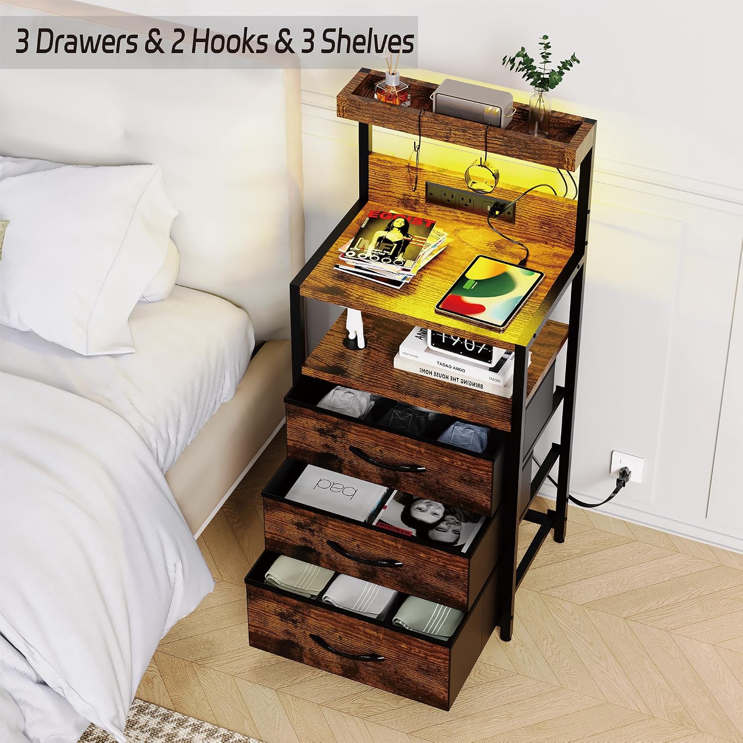 SZLHANJZ Nightstands Set of 2 with Outlet and USB C Port, Bedroom Night Stand with Led Lights and 3 Fabric Drawers, Matching Bedside Tables with Hooks, Vintage Style Storage End Tables, Rustic Brown