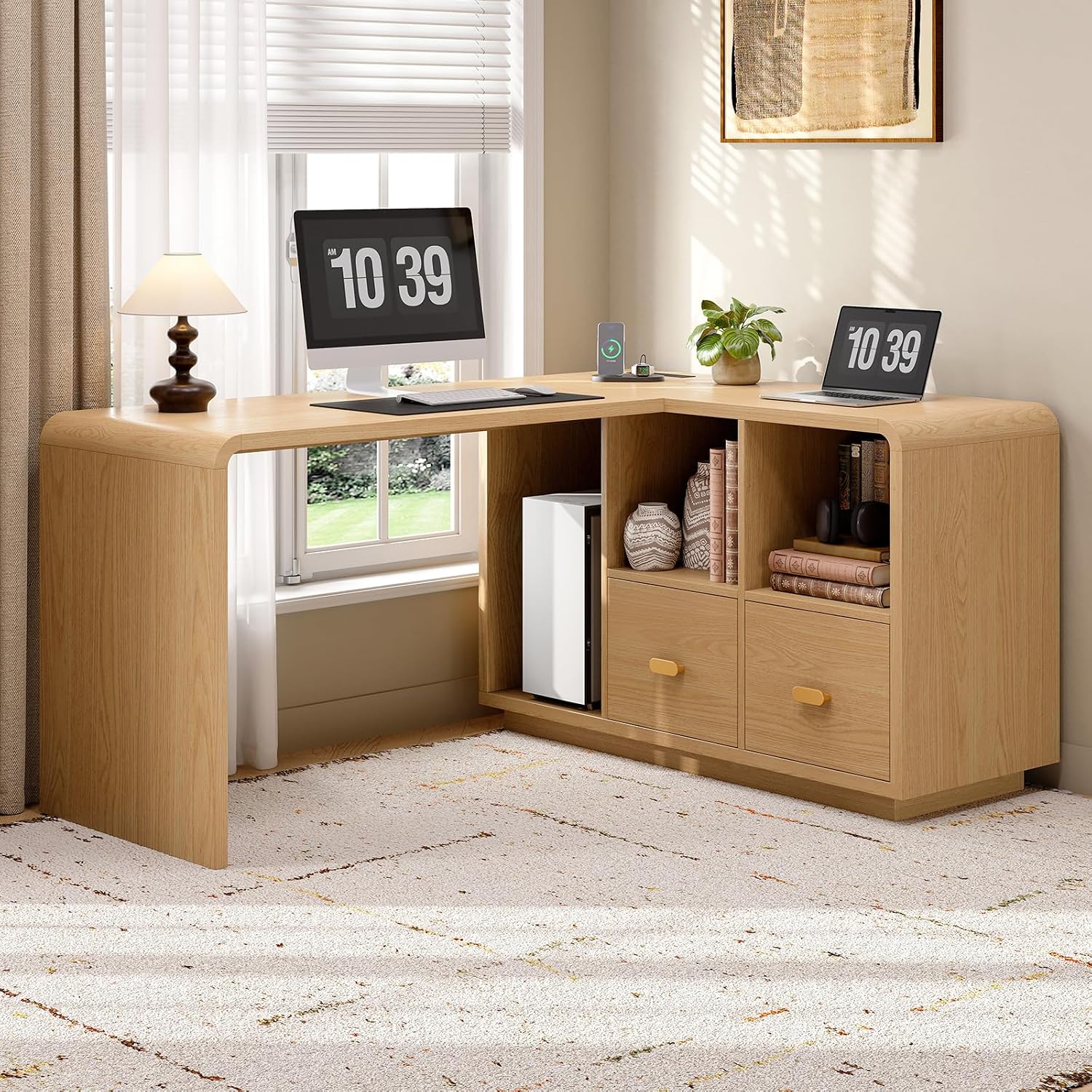ONBRILL 58' Executive L Shaped Desk with Power Outlets and USB, Home Office Computer Desk with File Drawer and Storage Shelves, Natural Oak