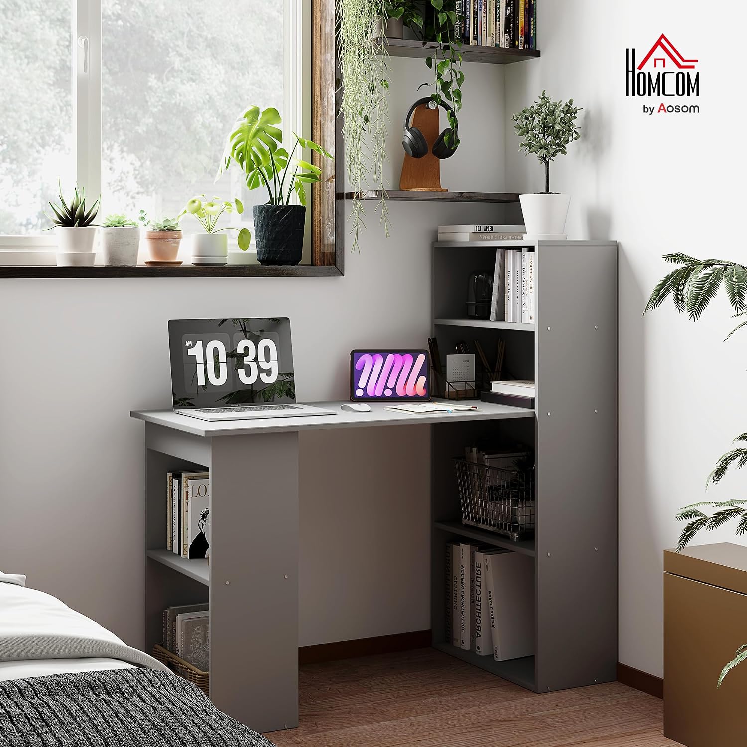 HOMCOM Modern Home Office Desk with 6-Tier Storage Shelves, 47' Writing Desk with Bookshelf, Gray