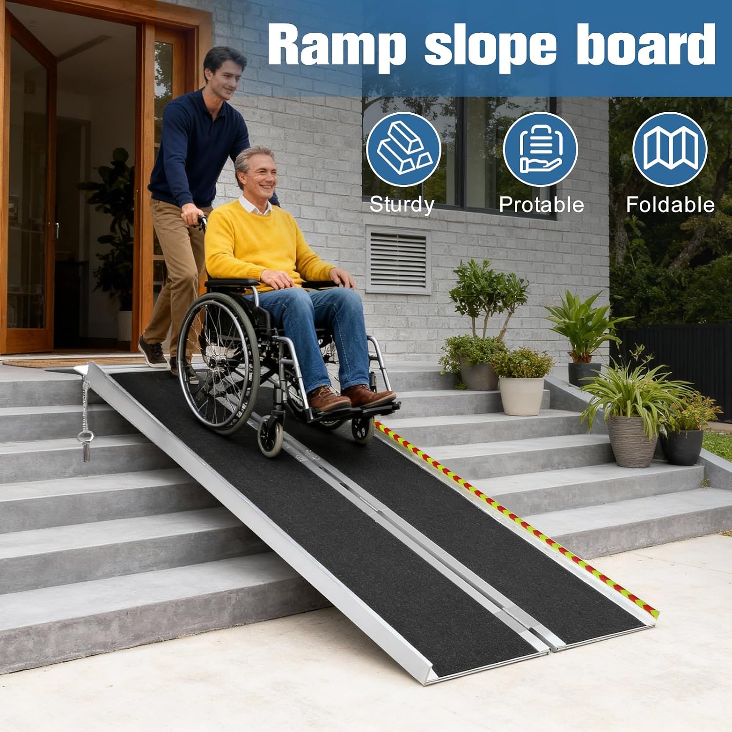 7FT Portable Wheelchair Ramp, Heavy Duty Aluminum Folding Ramp for Wheelchairs & Scooters, Non-Slip Threshold Ramp for Home Steps, Doors & Vehicles