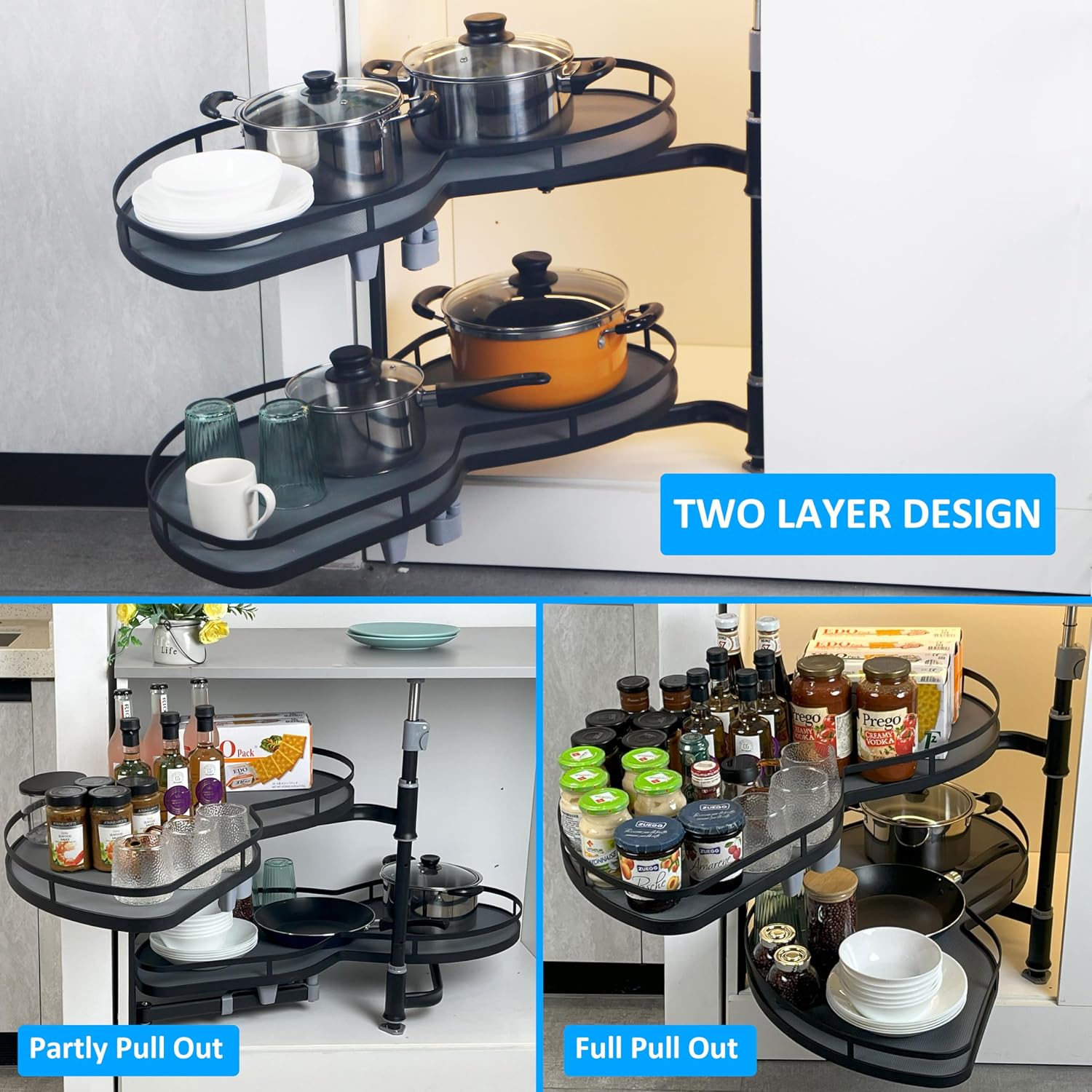 HANKEY Swing Left Blind Corner Cabinet Pull Out Organizer 2-Tier Slide Out Kitchen Organizers and Storage with Soft Close, Kitchen Cabinet Lazy Susan Organizer for Cabinet 32inch, Left Open