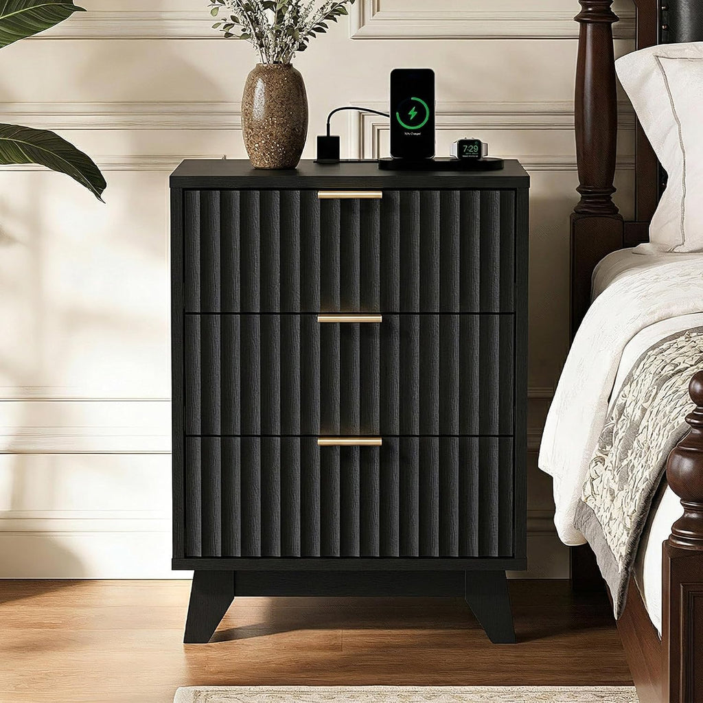 VINGLI Black Fluted Nightstands Set of 2 with Charging Station,3 Drawer Black Wood Nightstand for Bedroom, Modern Night Stand with Drawers, Fluted Bedside Table/End Table/Side Table, 2 pcs