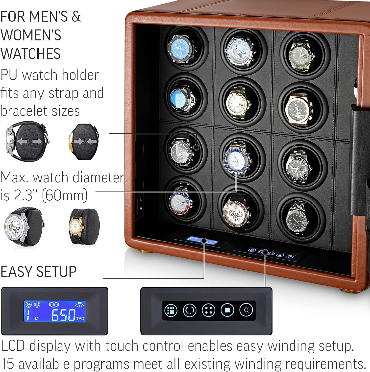 12 Watch Winder with Fingerprint Lock, Interior Light, Alarm System and 2 Storage Compartments