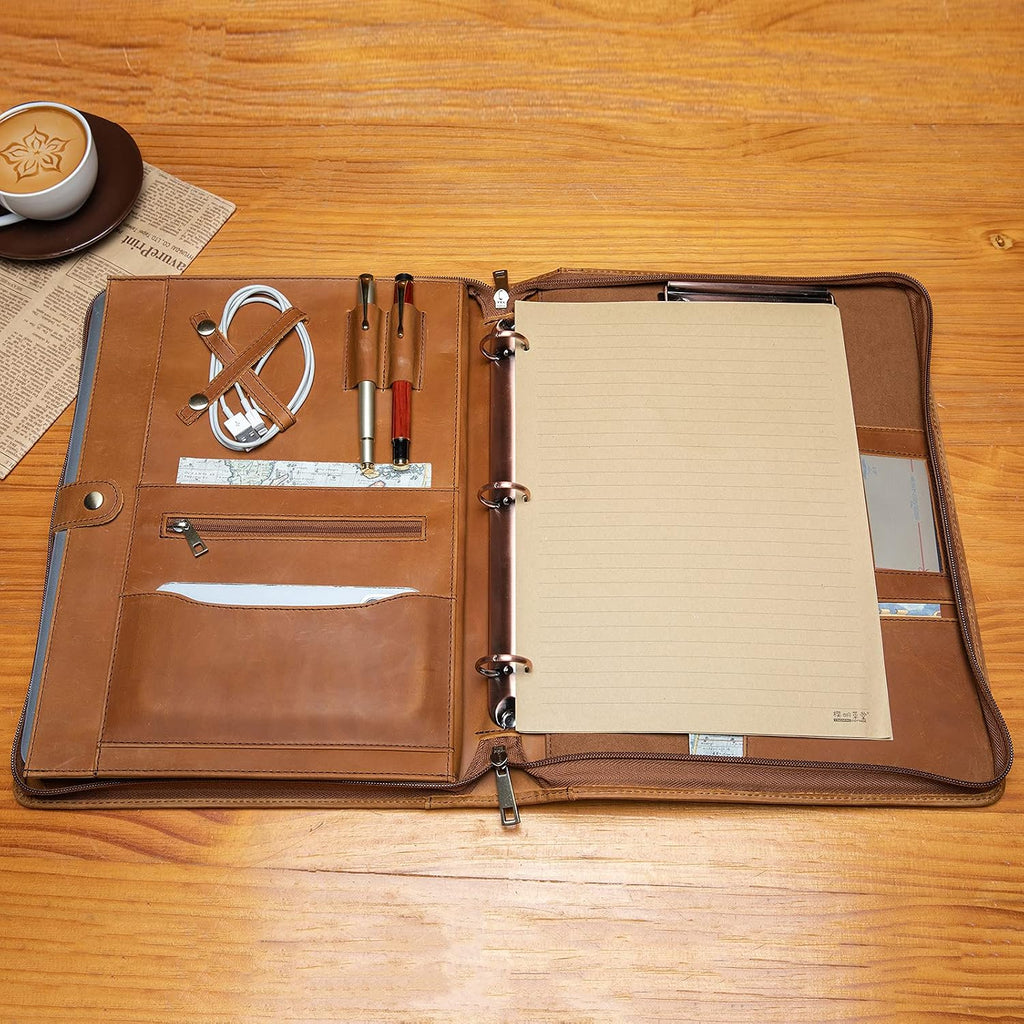 YIWEN Personalized Leather Portfolio with Handle, 3 Ring Binder, Zippered Padfolio for 13' Tablet, 8.5 x 11 Notepad, Professional Business Document Organizer (Brown, Crazy Horse Leather)