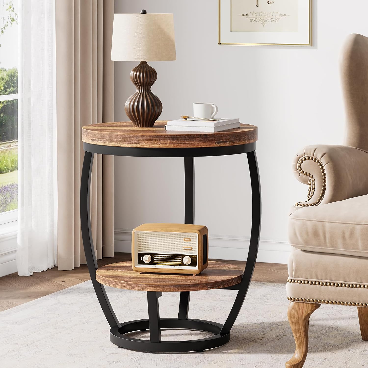 Round End Table Set of 2, 2 Tier Industrial Side Table, Nightstand with Metal Frame, Accent Bedside Table with Storage Shelves for Living Room, Bedroom, Small Spaces, Rustic Brown & Black