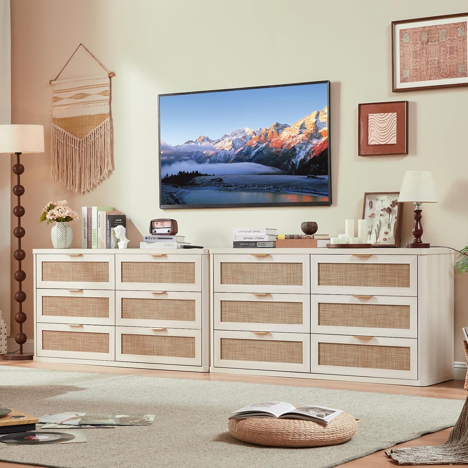 LEYAOYAO Rattan 6 Drawer Dresser for Bedroom Set of 2, Boho 54' Wide White Dresser Chest of Drawers, Dressers TV Stand with Metal Handle, Storage Dressers Closet Organizer for Living Room, Hallway