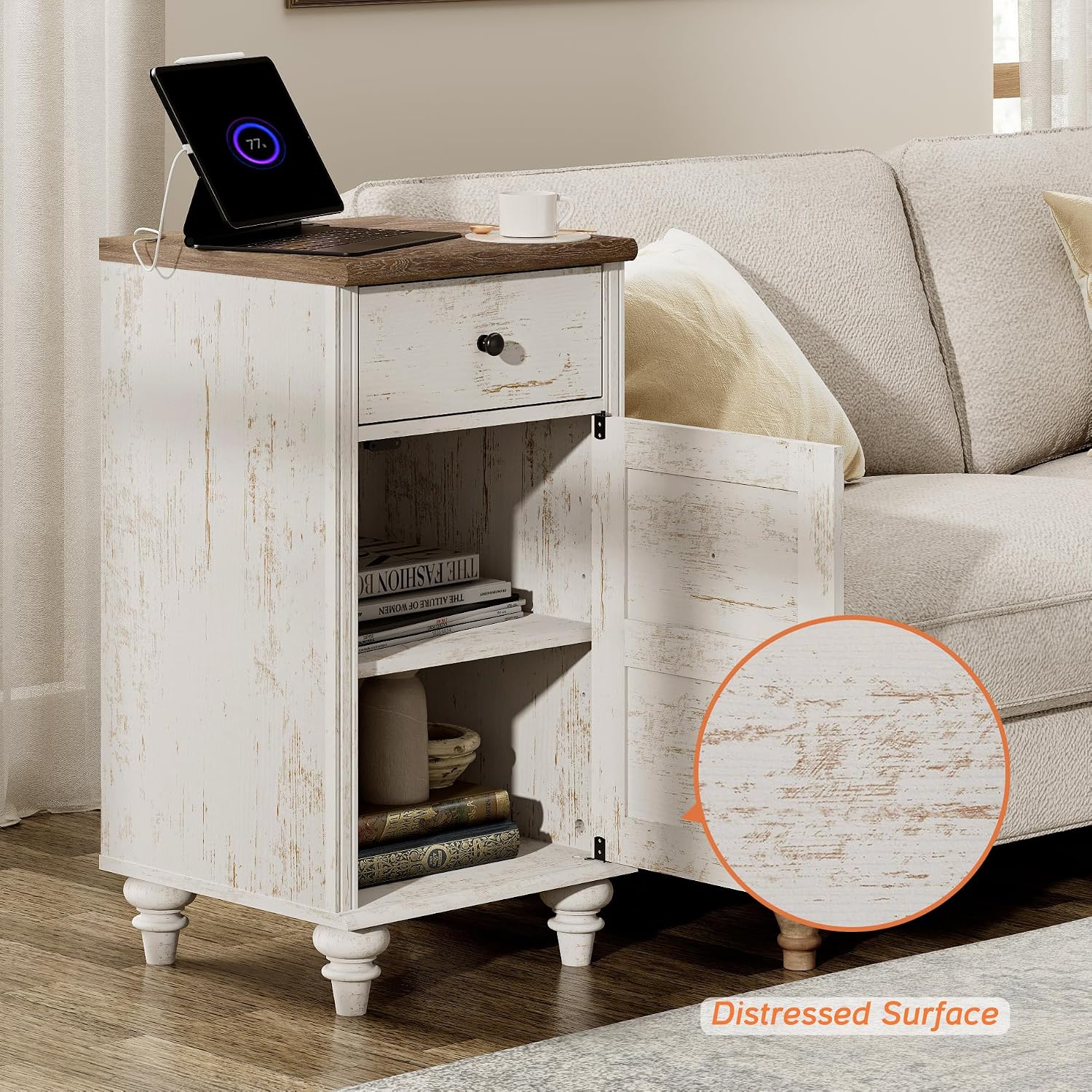 WAMPAT Set of 2 End Table with Charging Station & Power Outlets & USB Ports, Farmhouse Side End Table with Drawer and Storage Cabinet for Bedroom, Rustic White