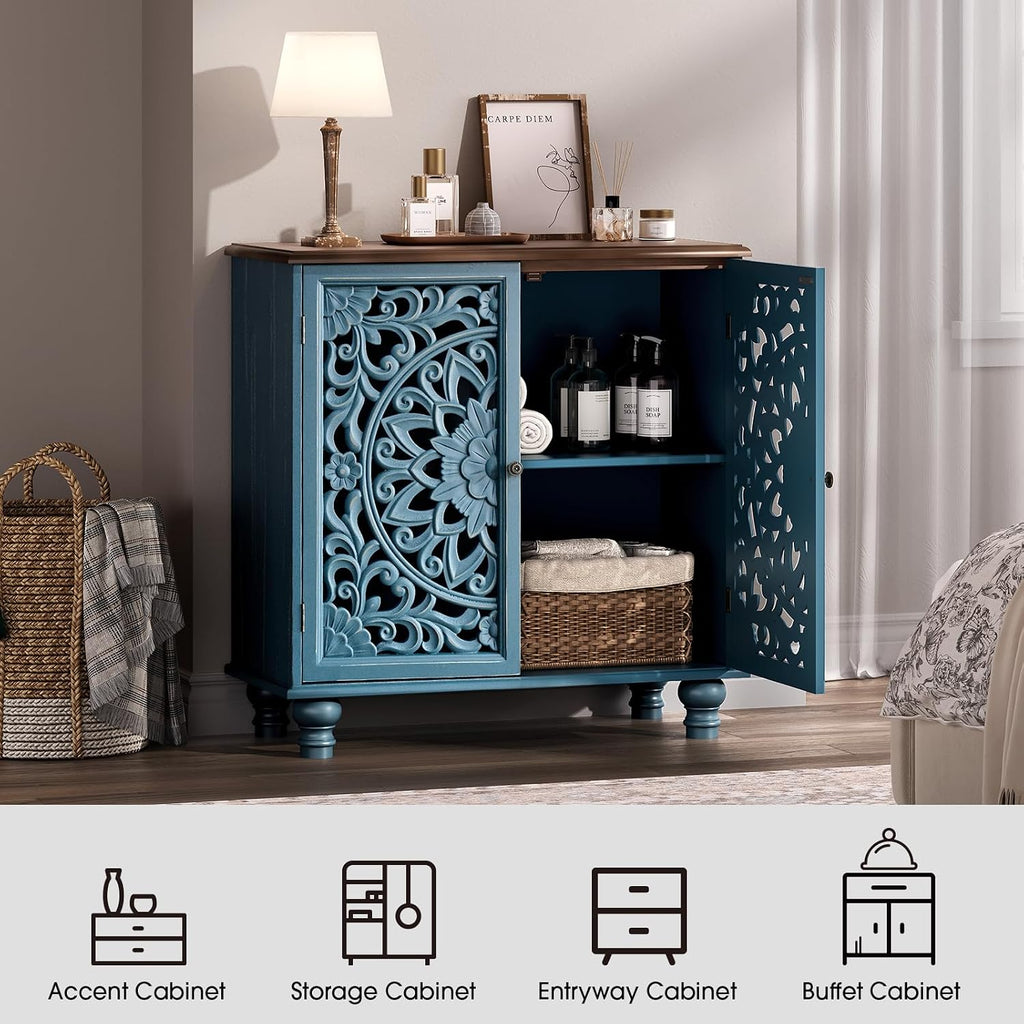 JOINICE Blue Accent Cabinet with Carved Doors, 31' Storage Cabinet for Entryway & Living Room, Vintage Sideboard Buffet Table with Adjustable Shelf, Solid Wood Legs, Boho Home Decor