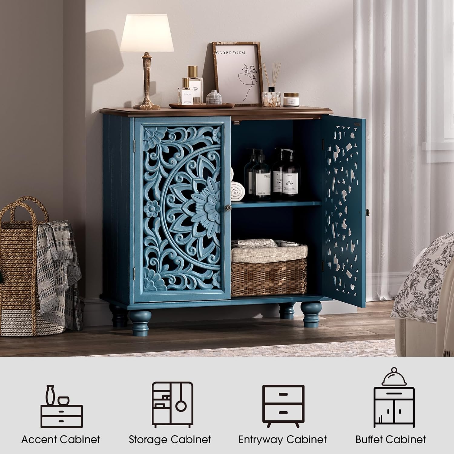 JOINICE Blue Accent Cabinet with Carved Doors, 31' Storage Cabinet for Entryway & Living Room, Vintage Sideboard Buffet Table with Adjustable Shelf, Solid Wood Legs, Boho Home Decor