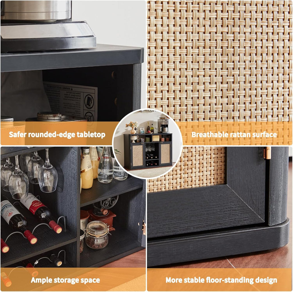 Lerliuo Rattan Wine Cabinet with 2 Doors, Boho Liquor Cabinet with Wine Racks, Farmhouse Coffee Bar Station for Living Room, Dining Room, Kitchen, Black