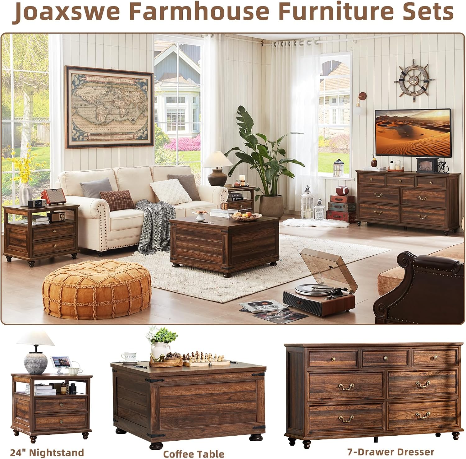 Joaxswe 24' Wide Farmhouse Night Stand Set of 2,Large End Table with 2 Drawers & Metal Handle,Brown Wood Dresser for Bedroom, Bed Side Table Chest of Drawers Cabinet, Nightstand for Living Room,Closet