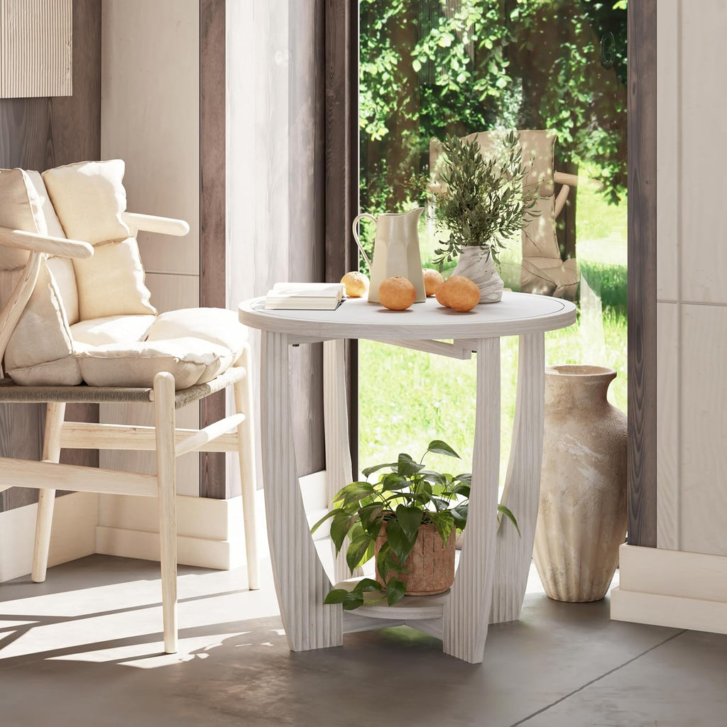 COZAYH Rustic Farmhouse end Table X 2P with Storage Shelf, French Country Accent Side Table for Family, Dinning or Living Room, Small Spaces, Modern, Round, White