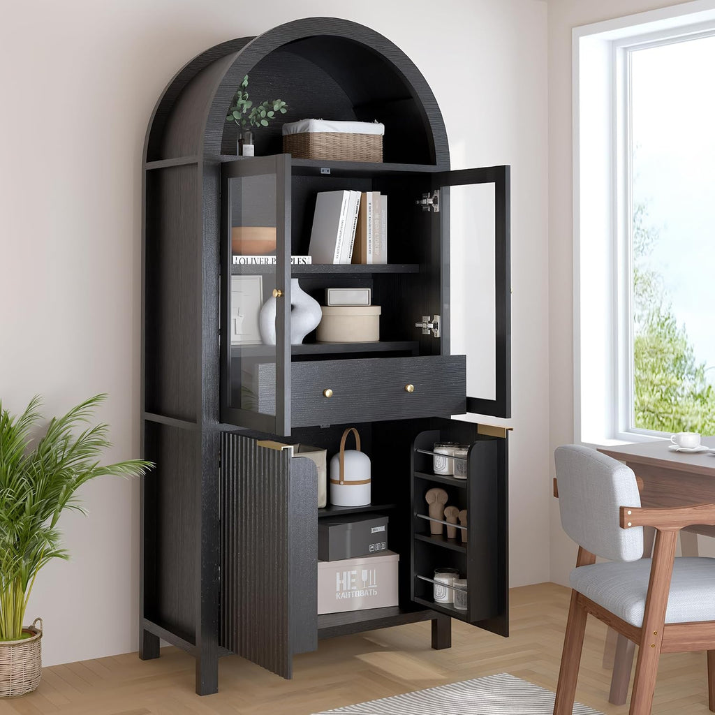 71' Tall Arched Kitchen Pantry Organizers with Drawer,Glass Door,Door Racks, Fluted Hutch Cabinet with Storage & Adjustable Shelves,Cupboard Buffet Cabinet for Living Room, Coffee Bar Corner(Black)